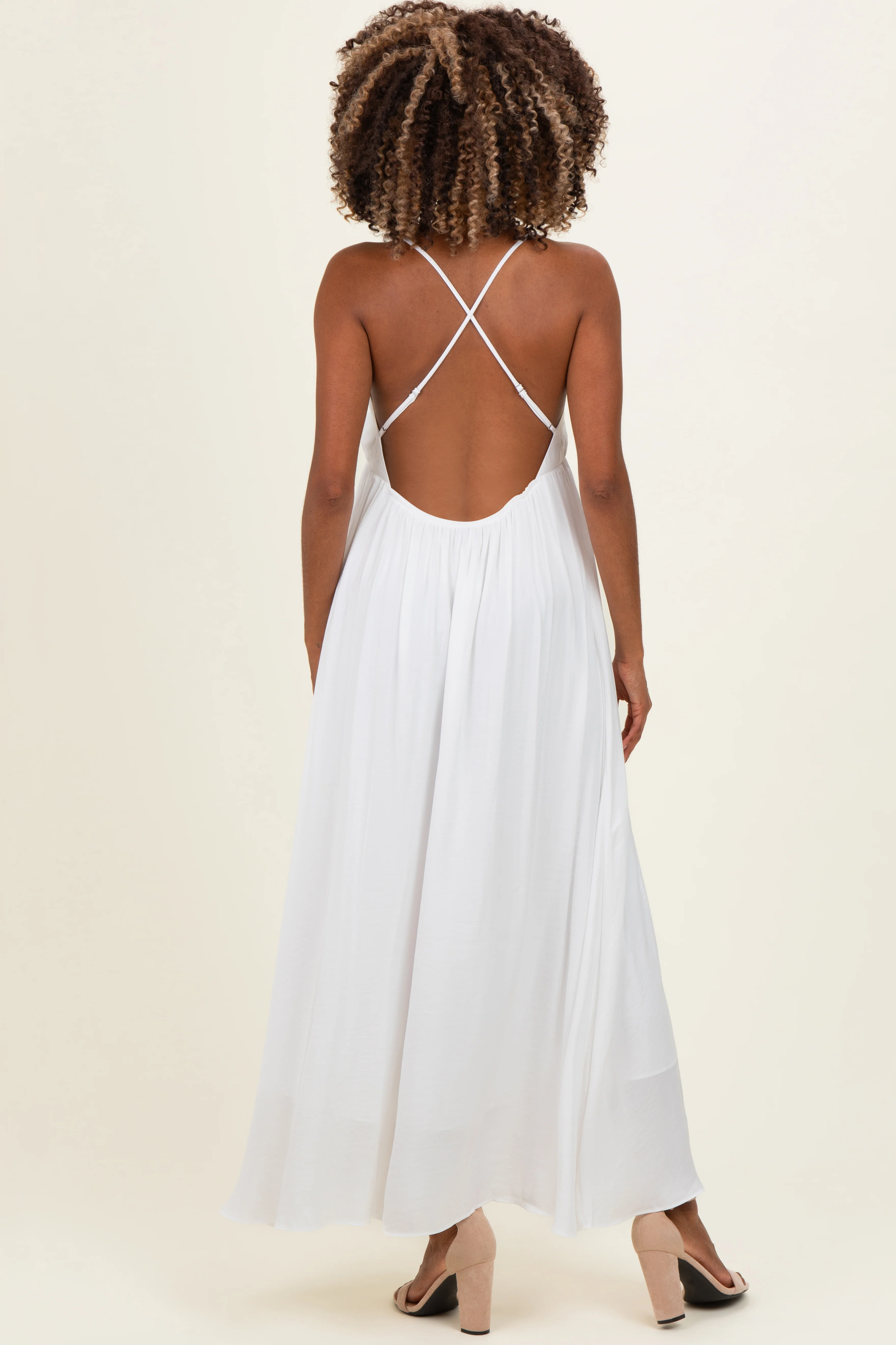 Off White V-Neck Open Back Maternity Maxi Dress - Image 3