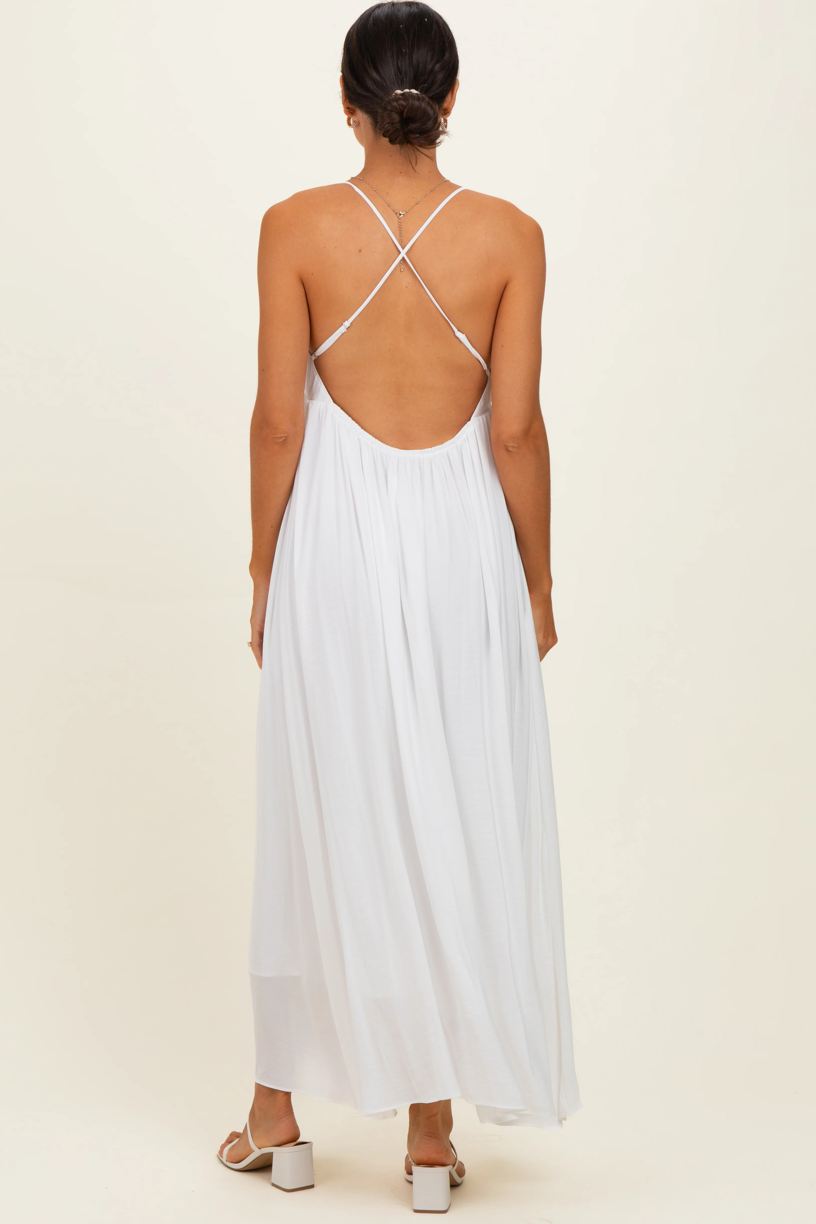 Off White V-Neck Open Back Maxi Dress - Image 3