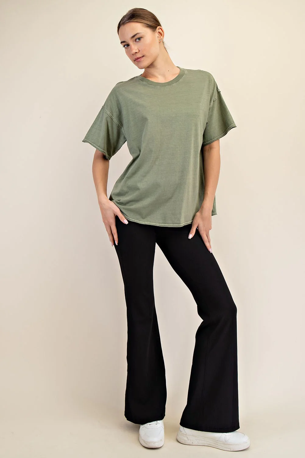 Olive Boxy Raw Edge Short Sleeve Tee - Image 4