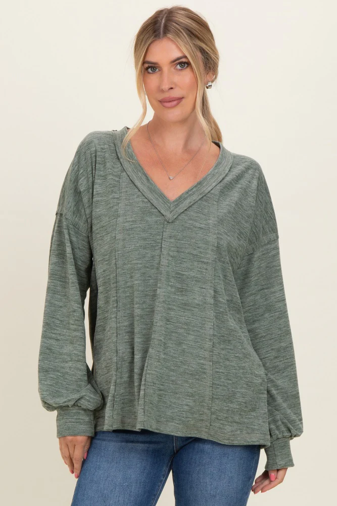 Olive Brushed Long Sleeve V-Neck Maternity Sweatshirt - Image 5