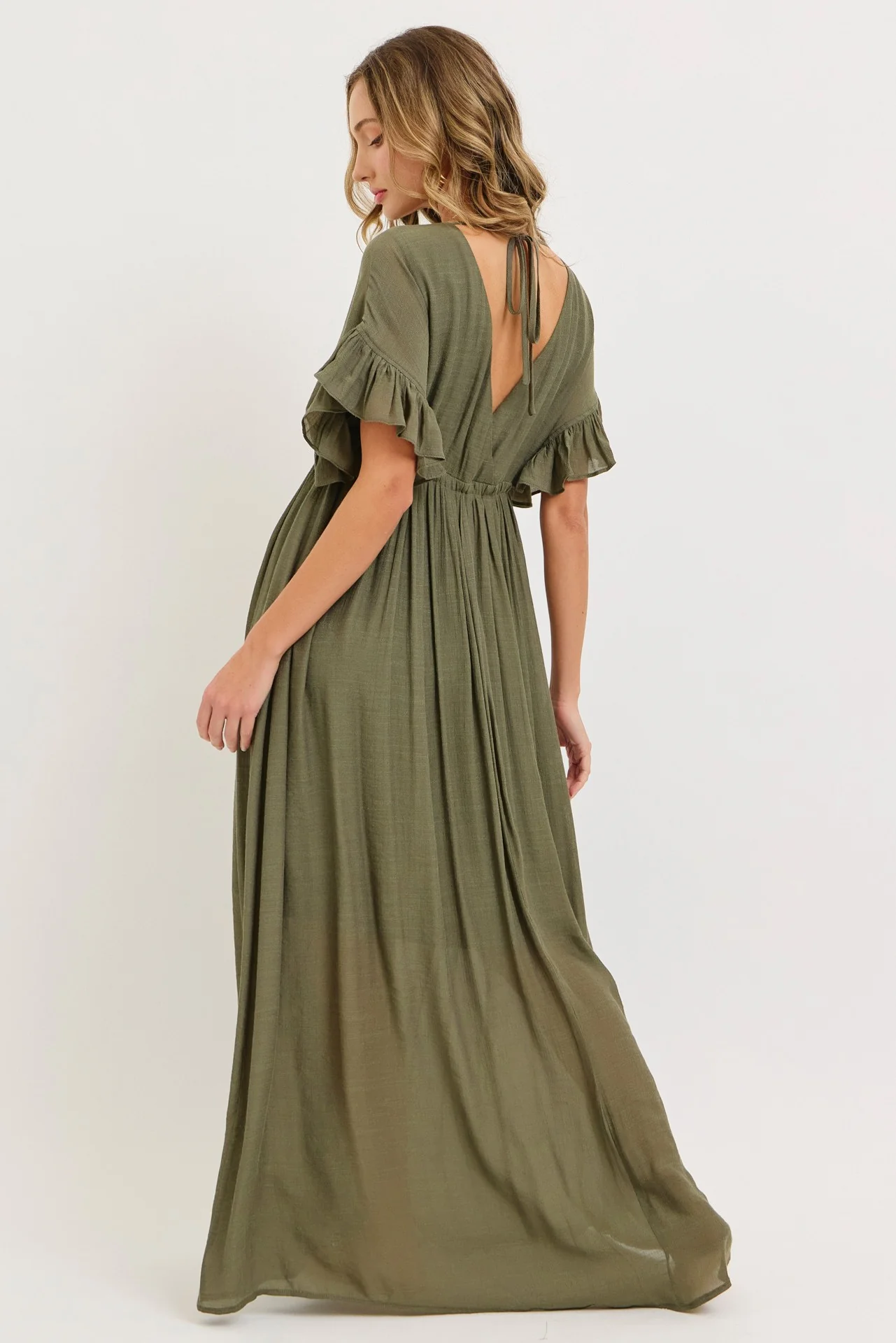 Olive Button Down Deep V-Neck Maxi Dress - Image 4