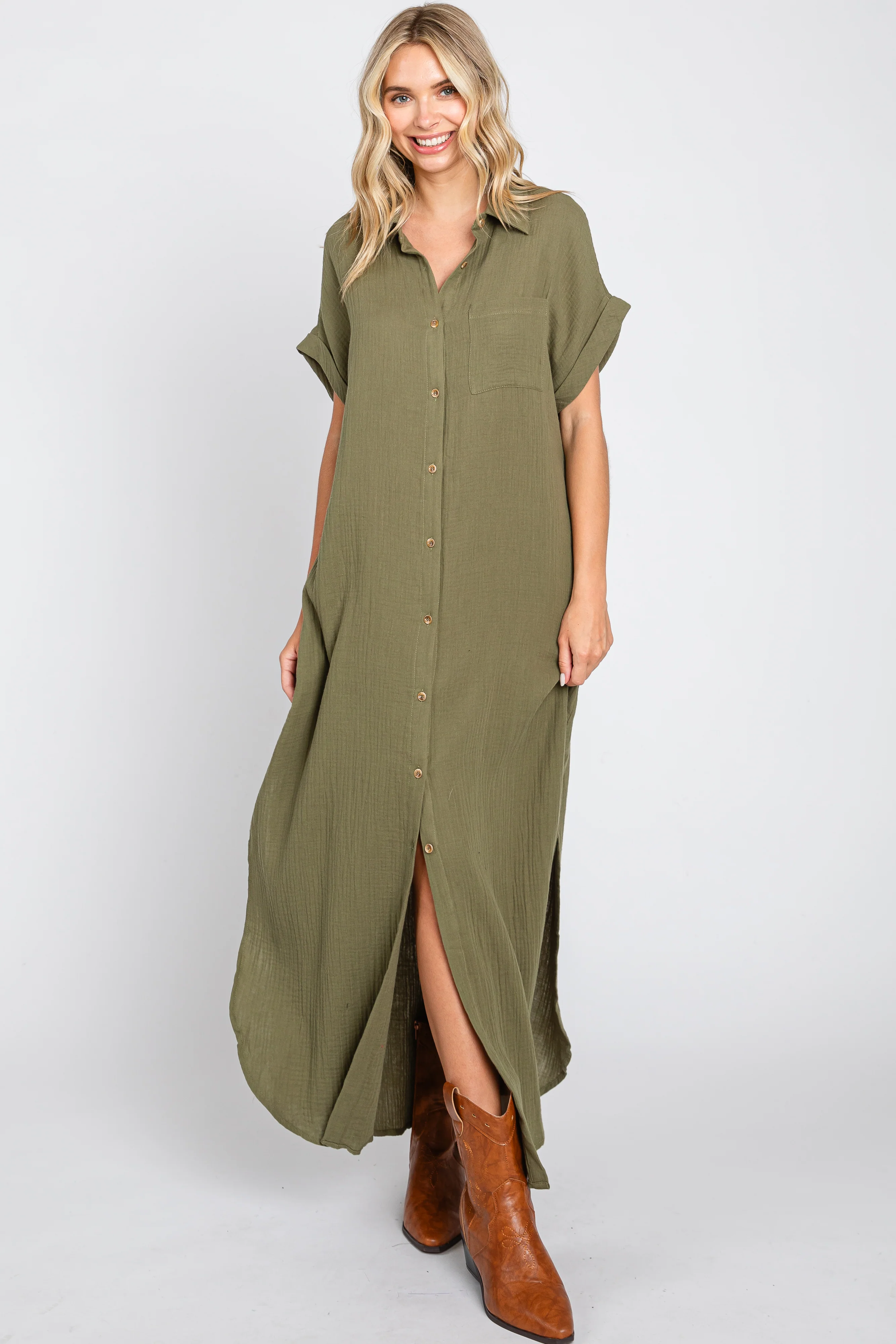 Olive Button Down Maternity Midi Dress - Image 5