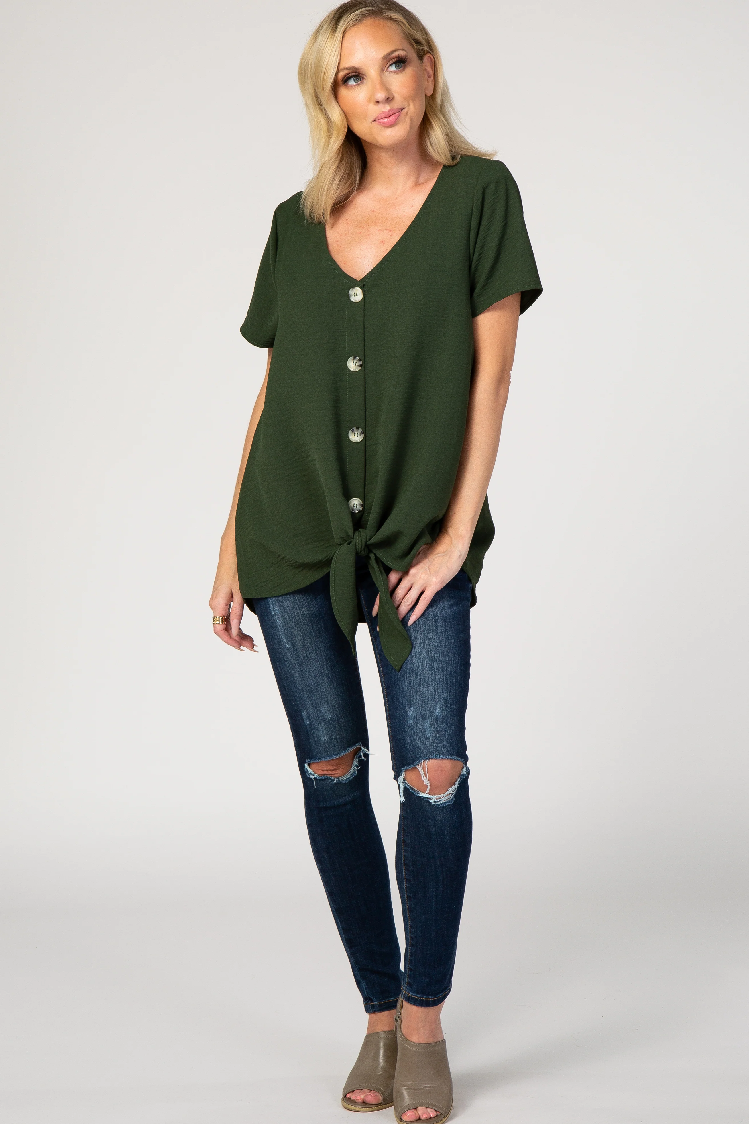 Olive Button Tie Front Top - Image 3