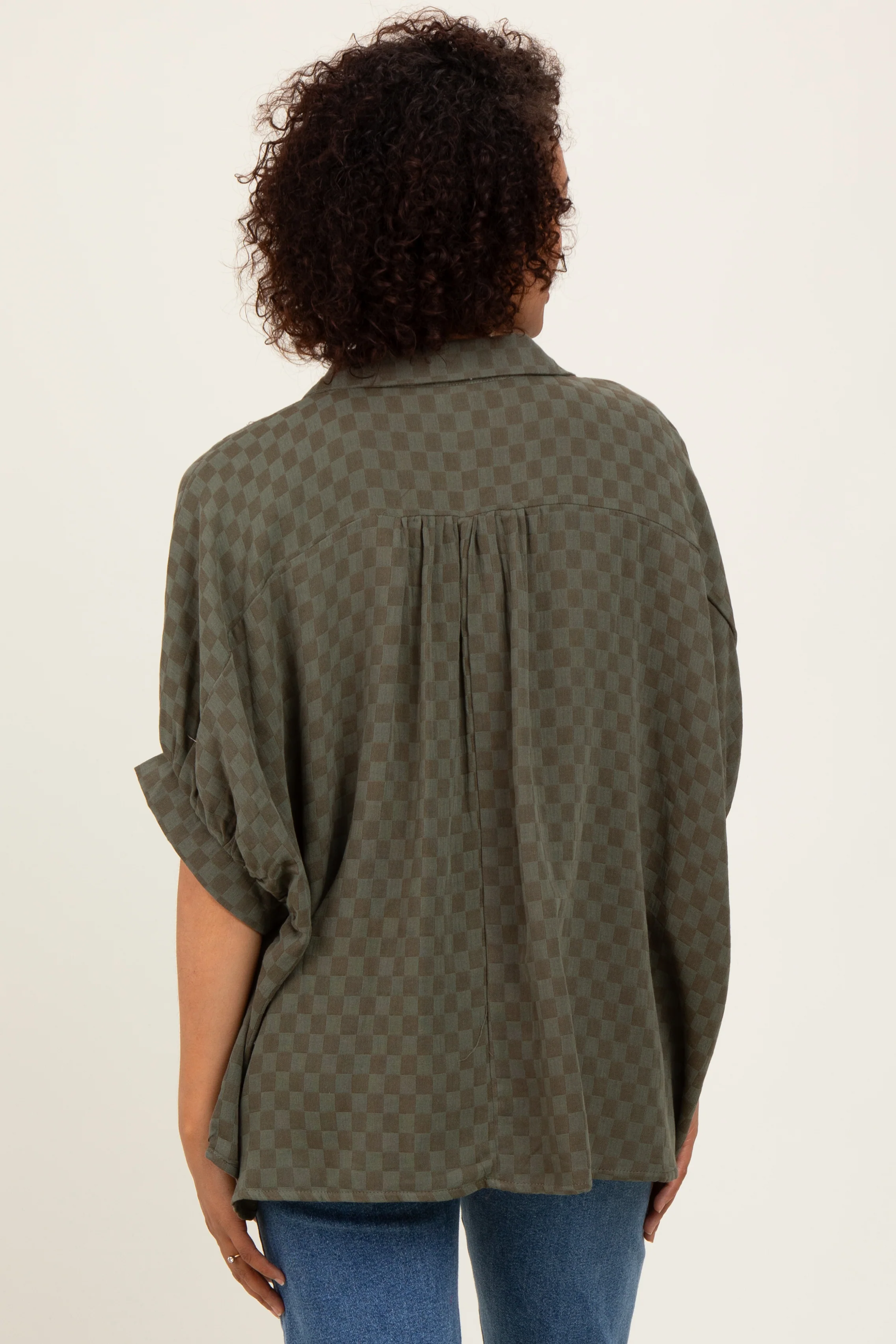 Olive Checker Print Short Sleeve Oversized Blouse - Image 3