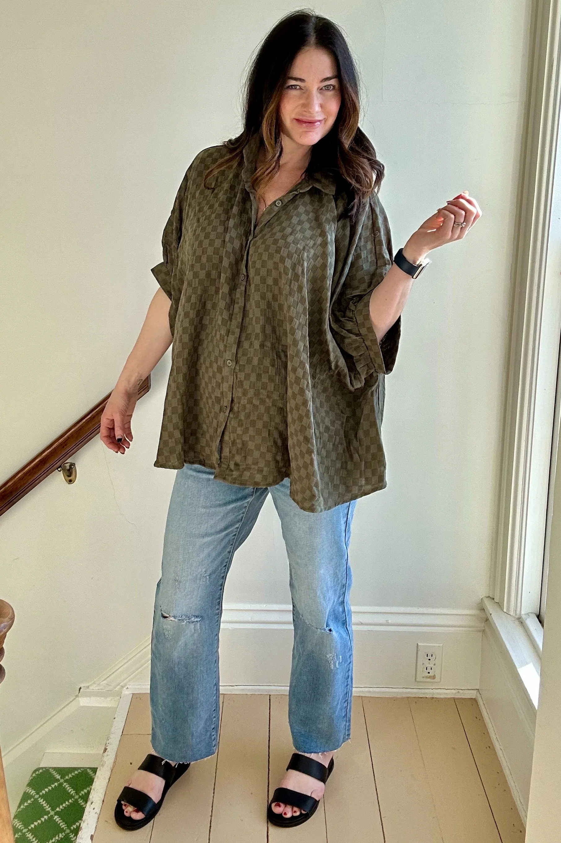 Olive Checker Print Short Sleeve Oversized Maternity Blouse - Image 5