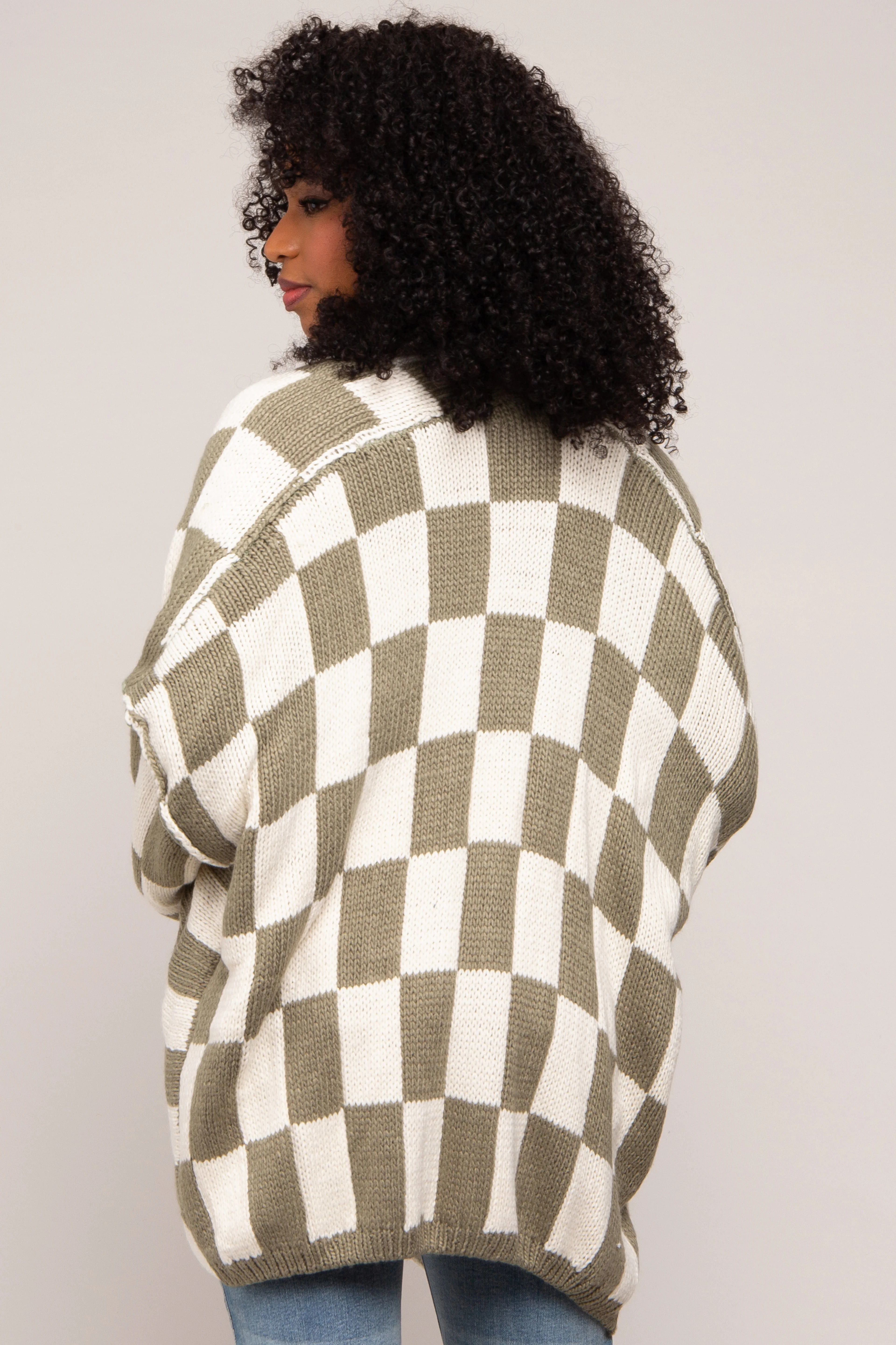 Olive Checkered Print Oversized Cardigan - Image 4