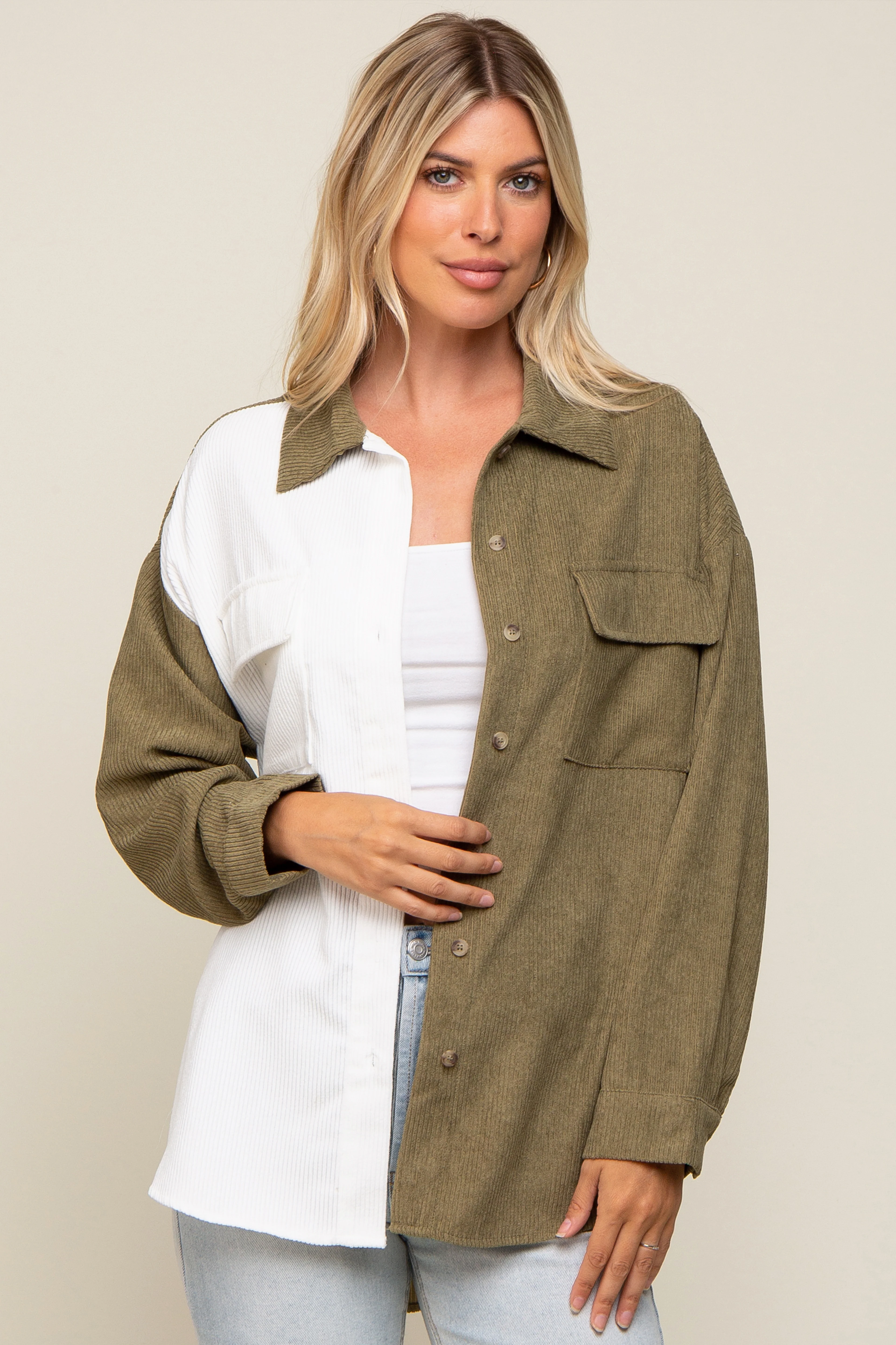 Olive Color Block Corduroy Button Down Maternity Top - Image 6