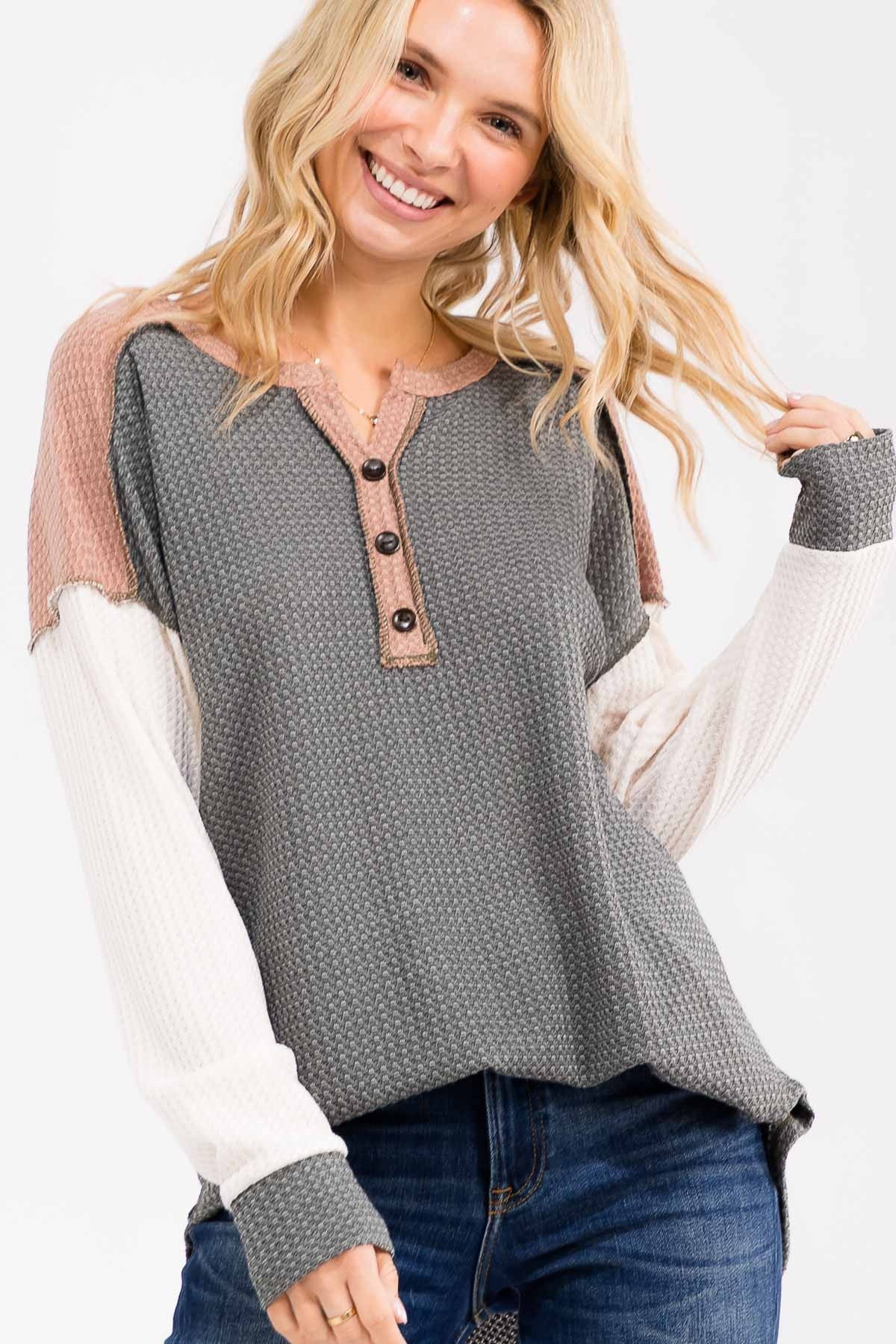 Olive Colorblock Relaxed Waffle Knit Henley - Image 2