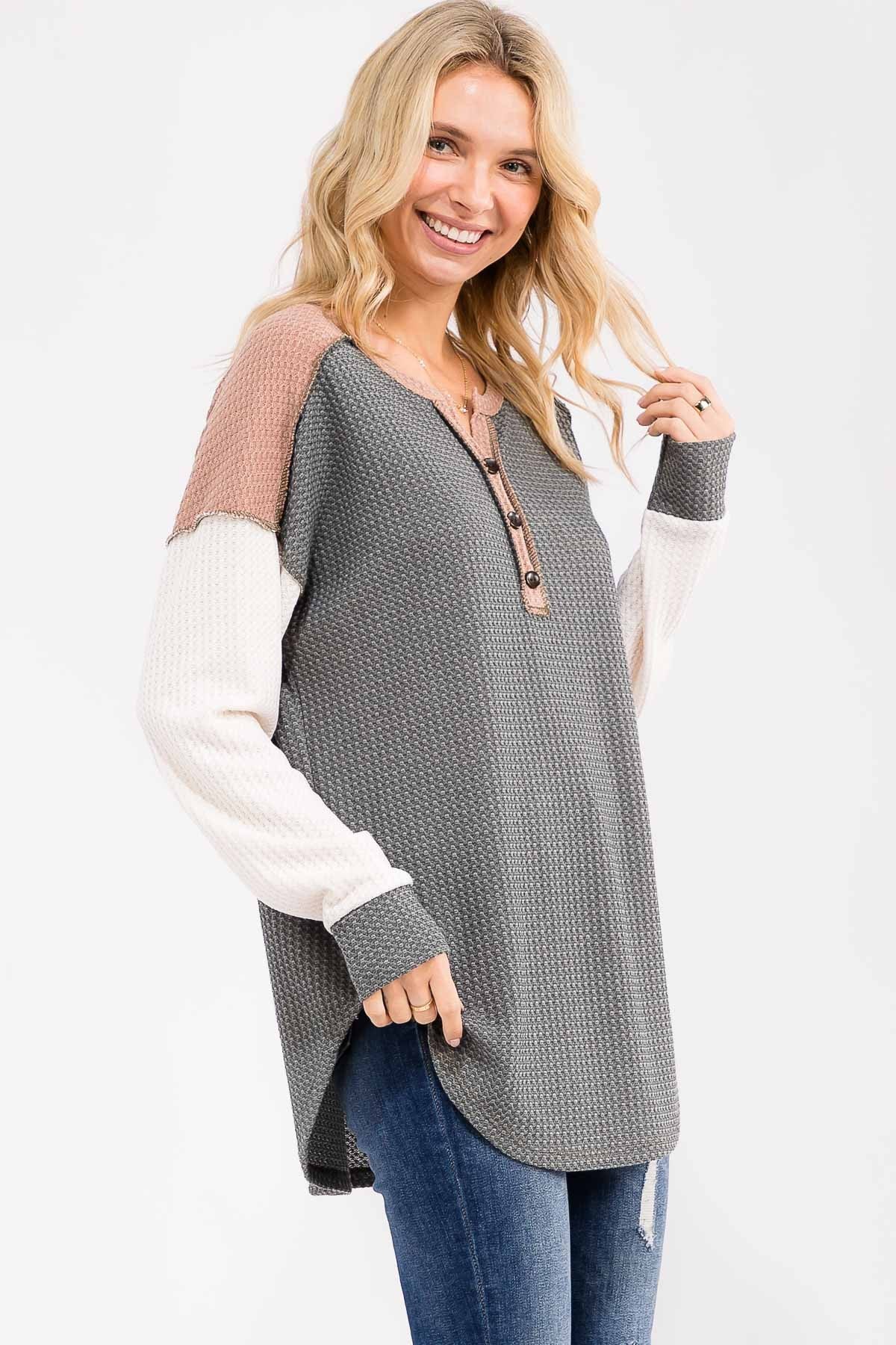 Olive Colorblock Relaxed Waffle Knit Henley - Image 5