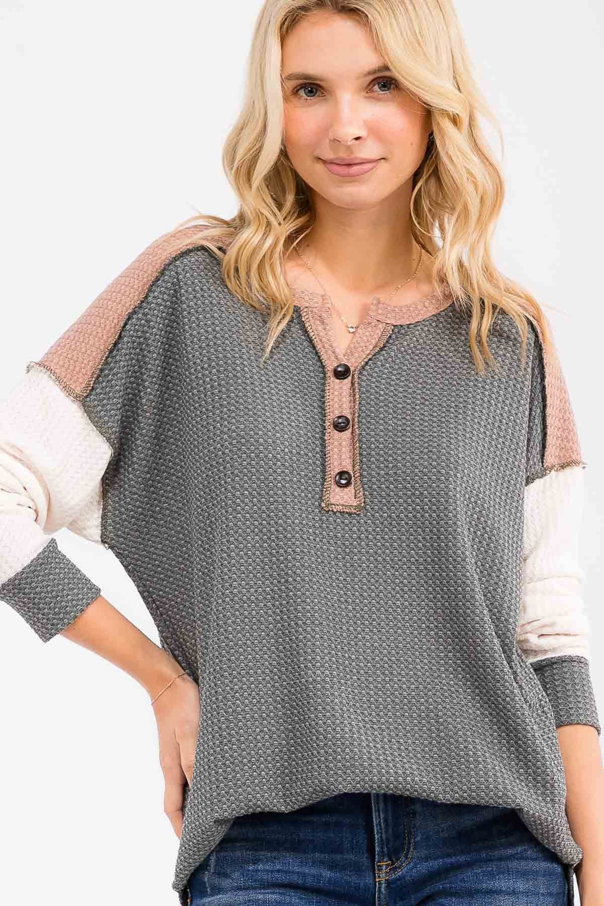 Olive Colorblock Relaxed Waffle Knit Maternity Henley - Image 5