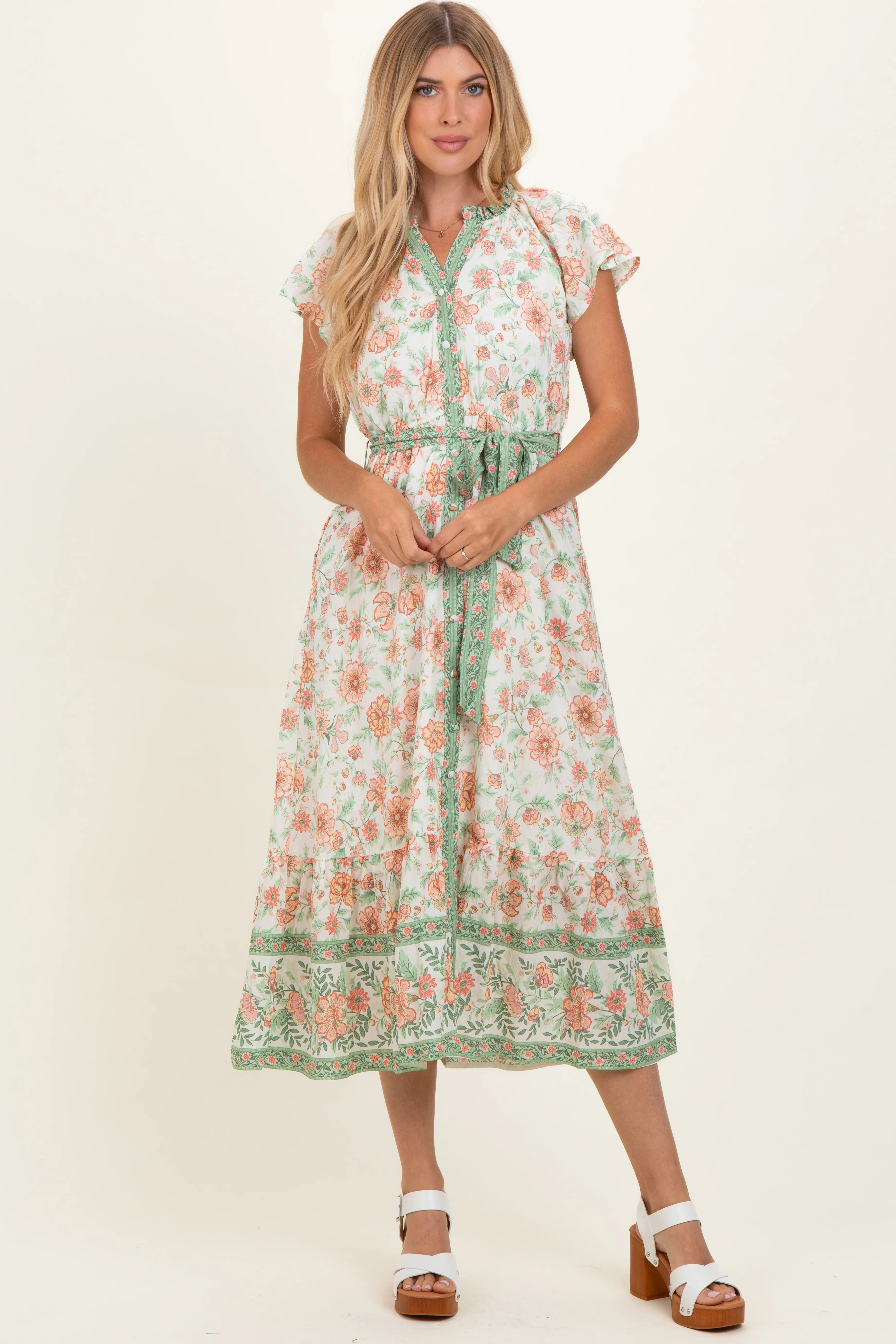 Olive Contrast Floral Shirt Dress