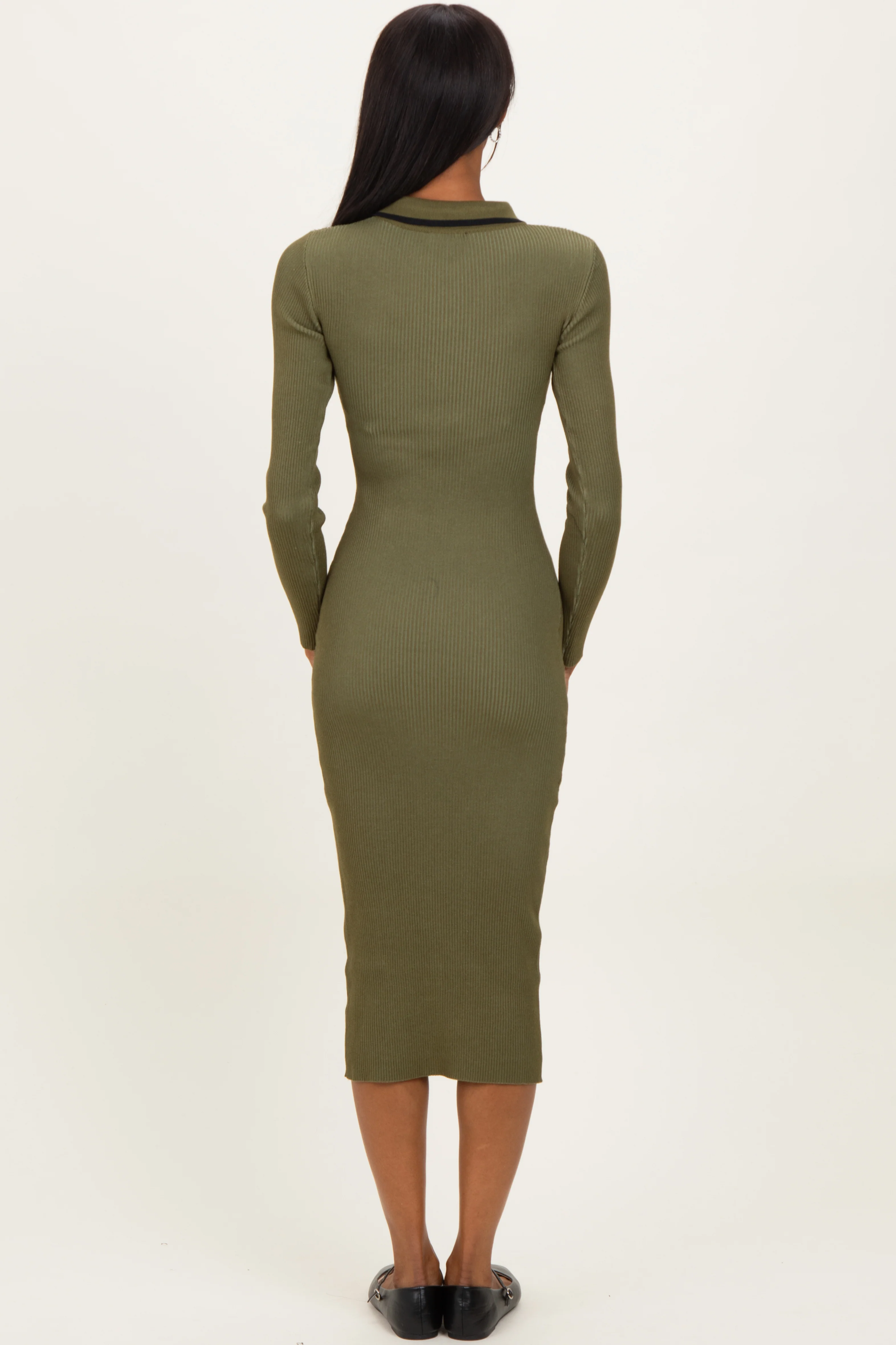 Olive Contrast Trim Ribbed Knit Button Up Midi Dress - Image 4