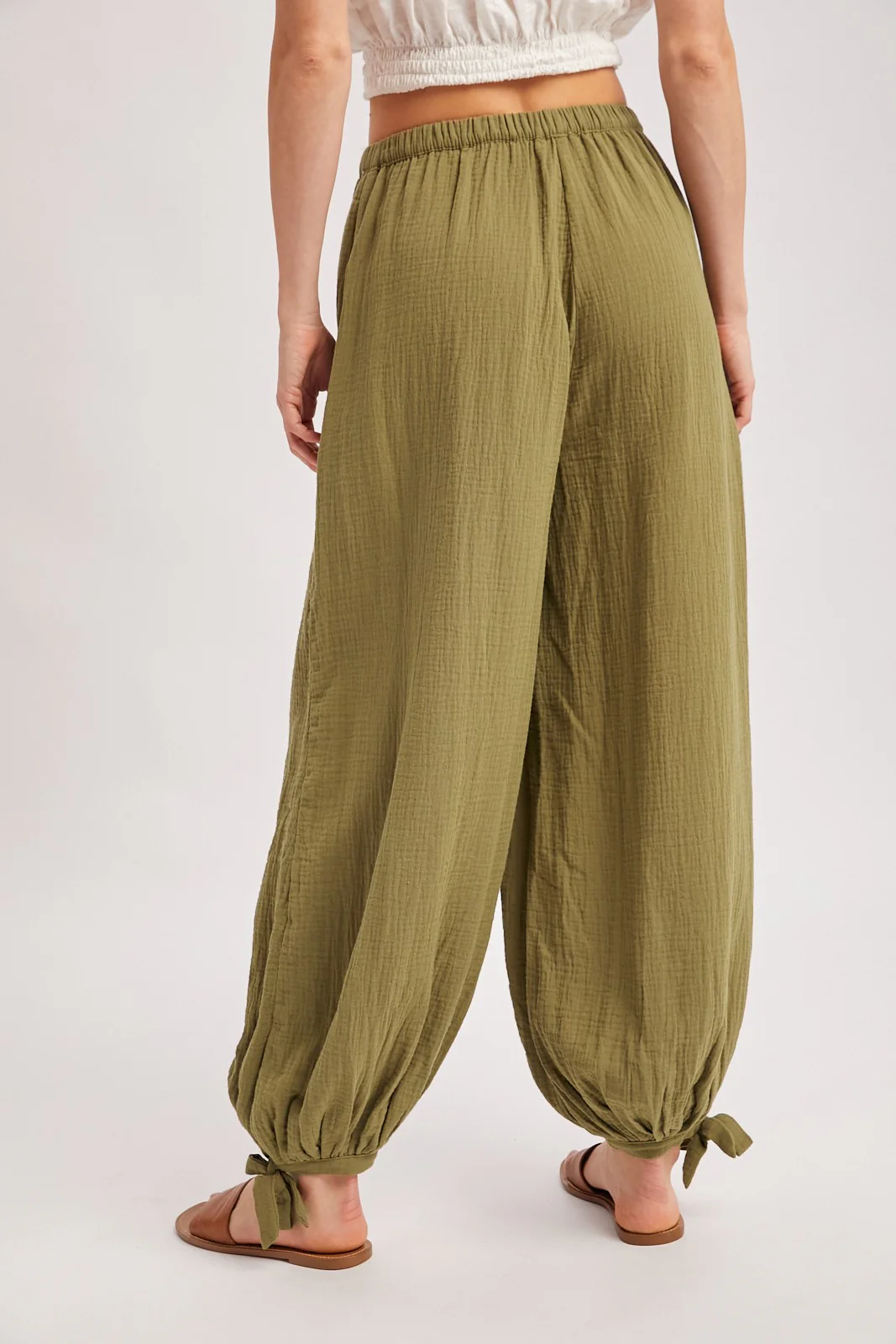 Olive Cotton Gauze Tie Hem Pants - Image 4
