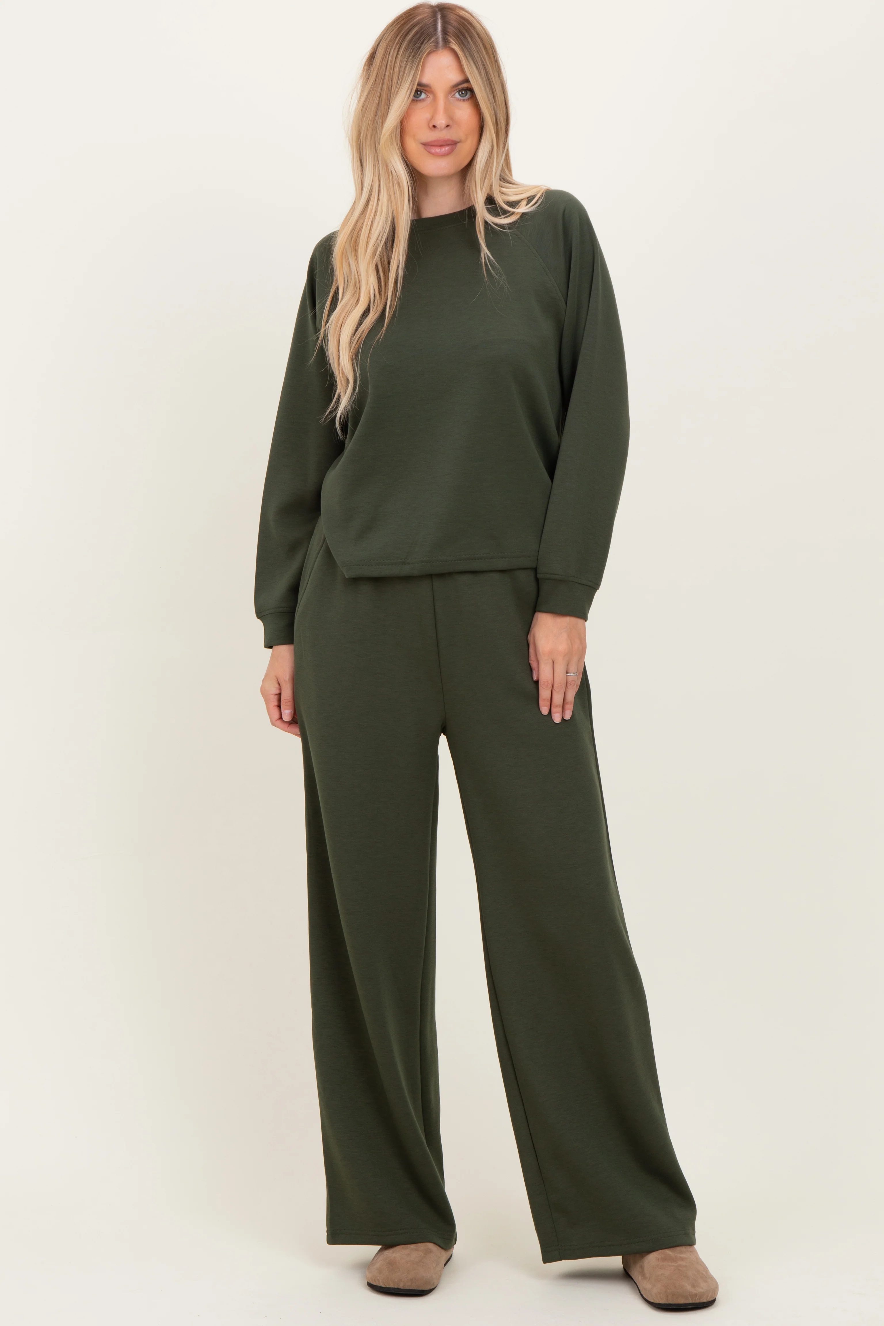 Olive Crewneck Pullover Pant Maternity Set - Image 5
