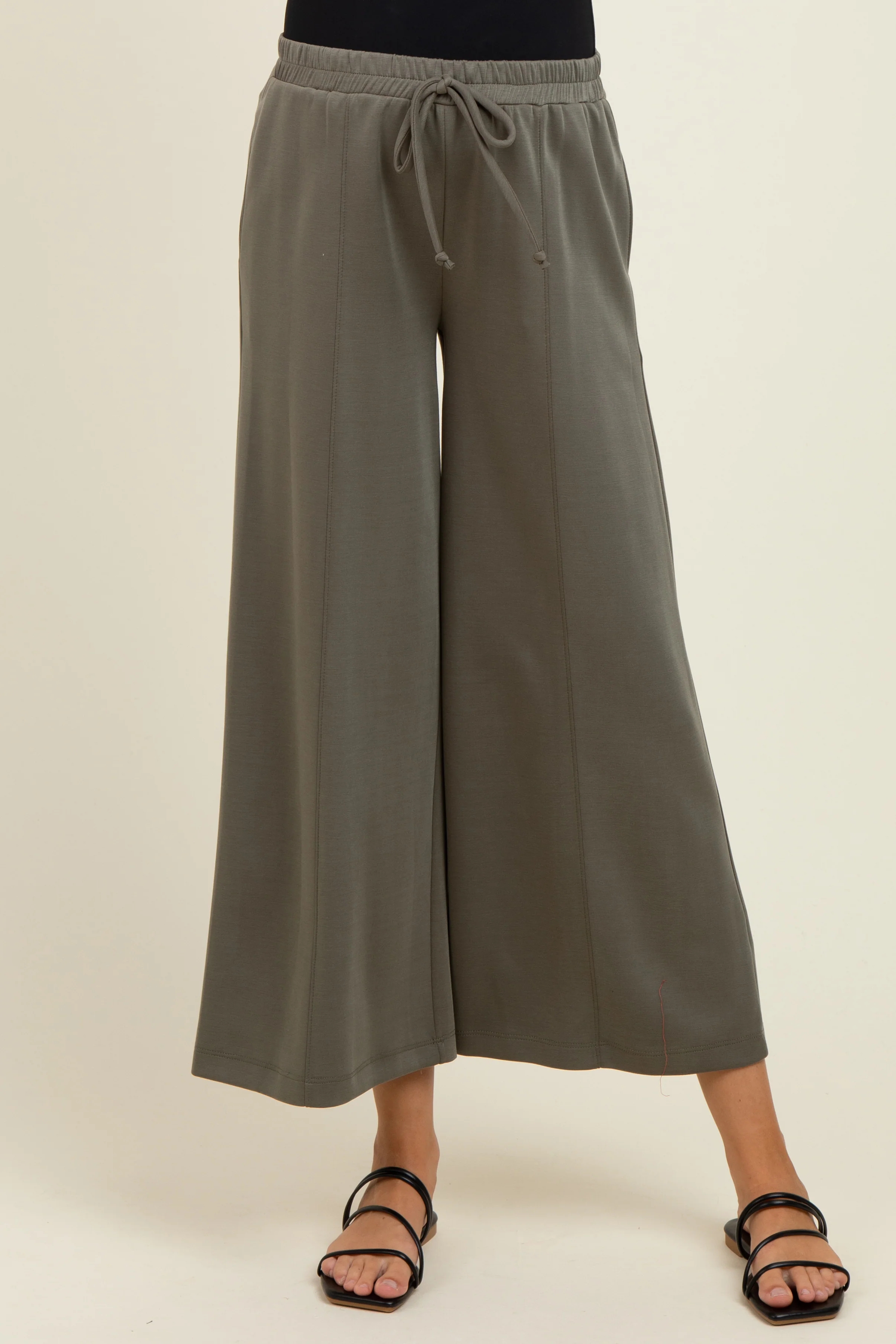 Olive Drawstring Wide Leg Maternity Pants - Image 3