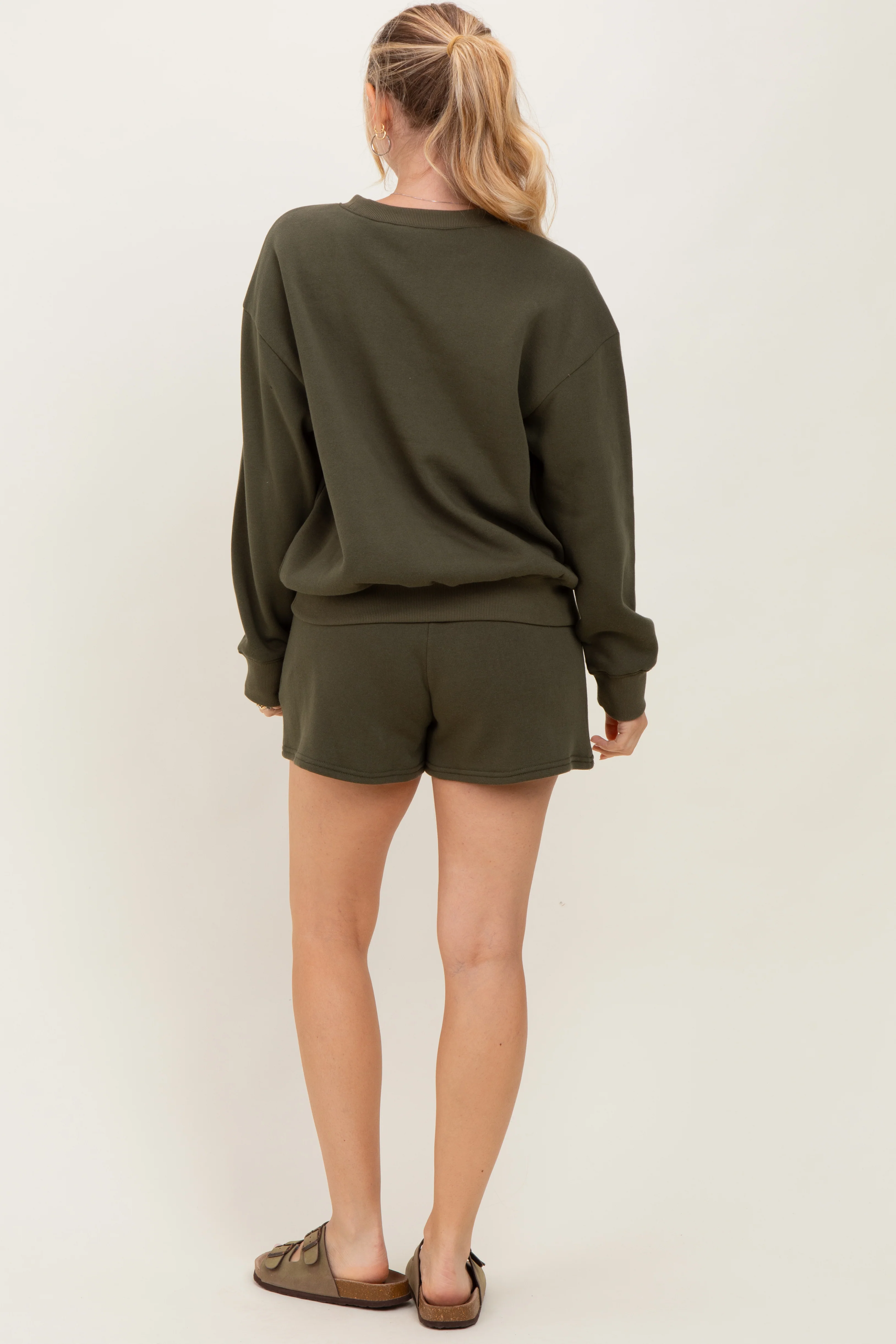 Olive Fleece Sweatshirt Shorts Set - Image 4