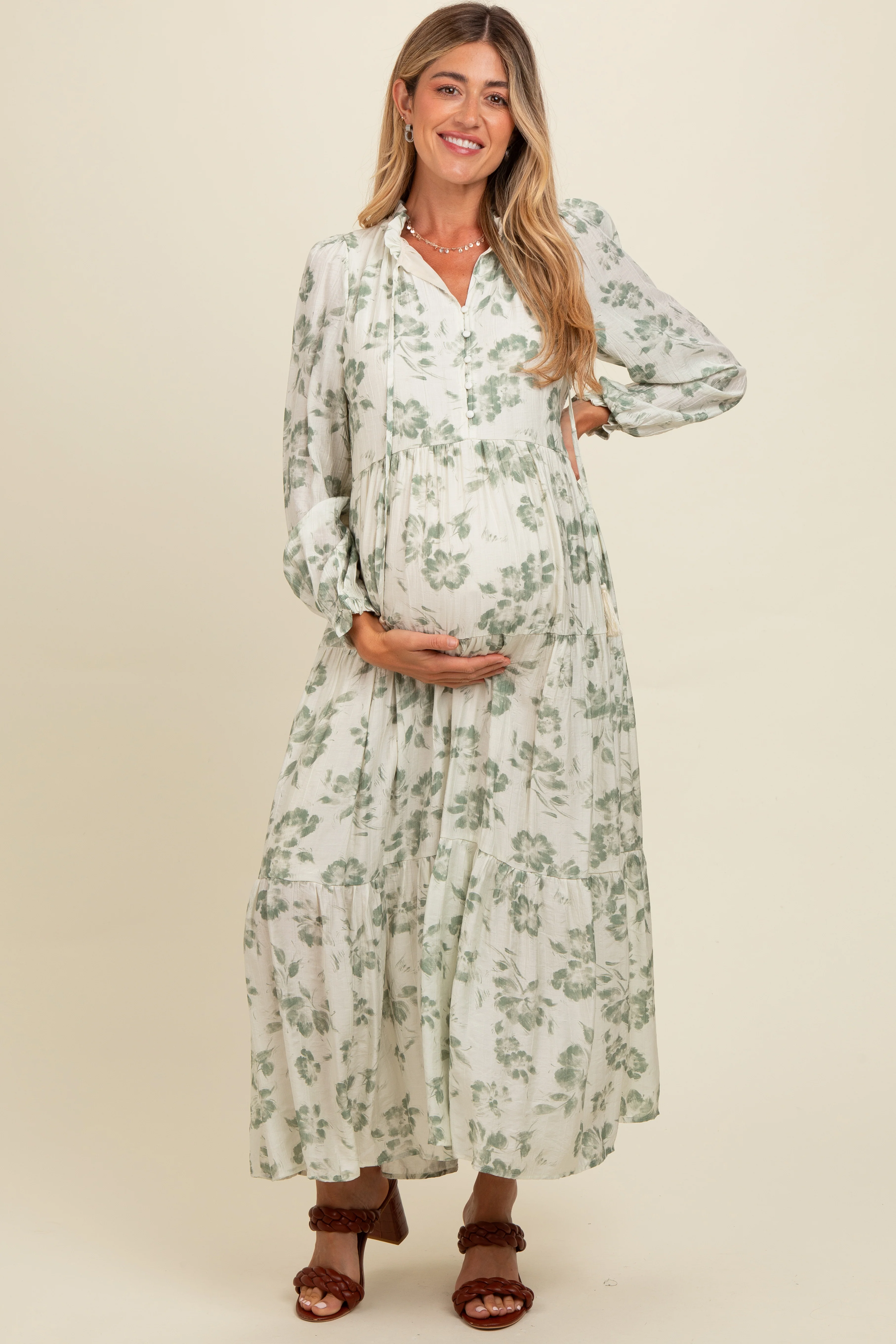 Olive Floral Button Front Tiered Long Sleeve Maternity Maxi Dress - Image 2