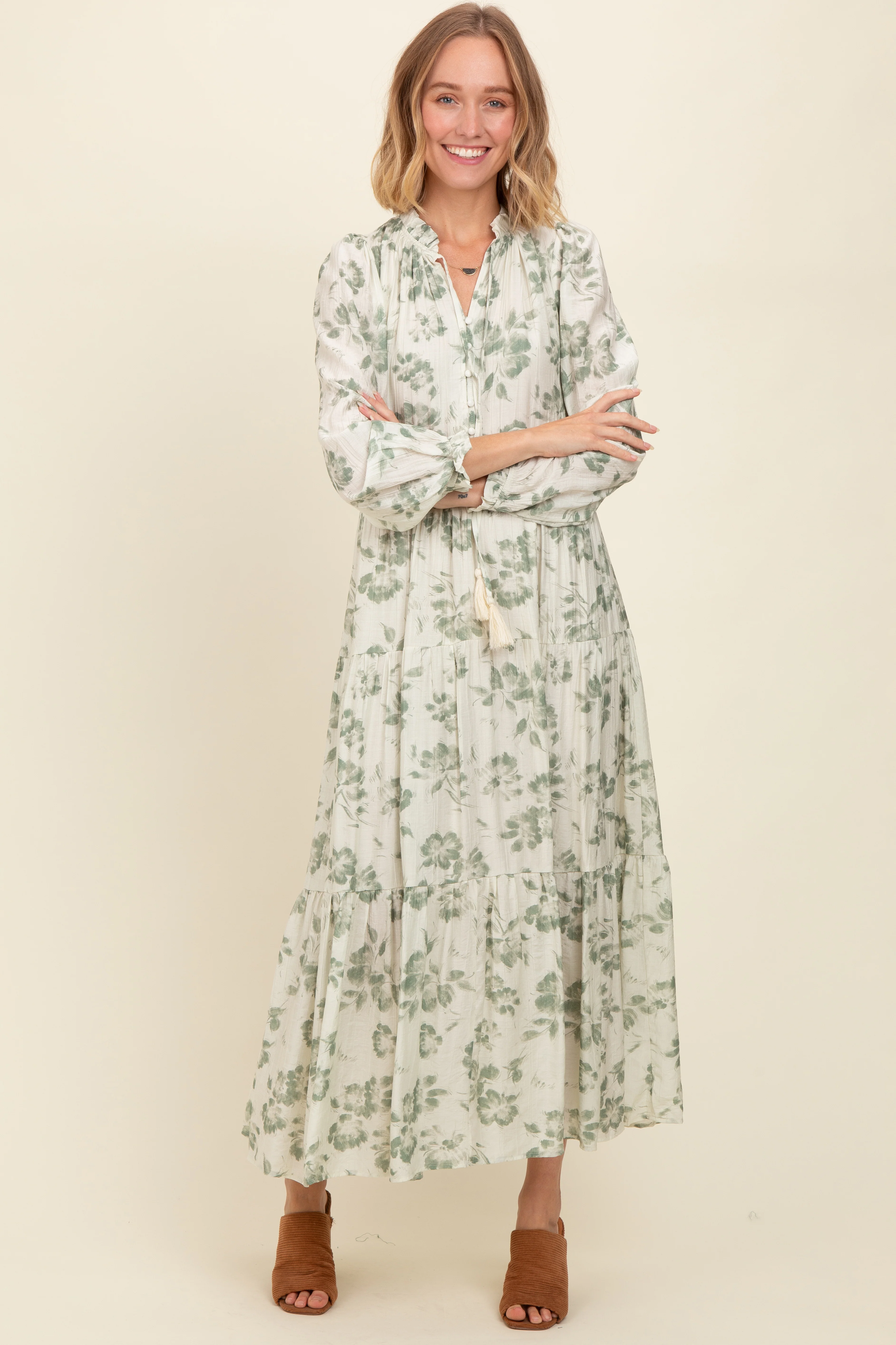 Olive Floral Button Front Tiered Long Sleeve Maternity Maxi Dress - Image 7