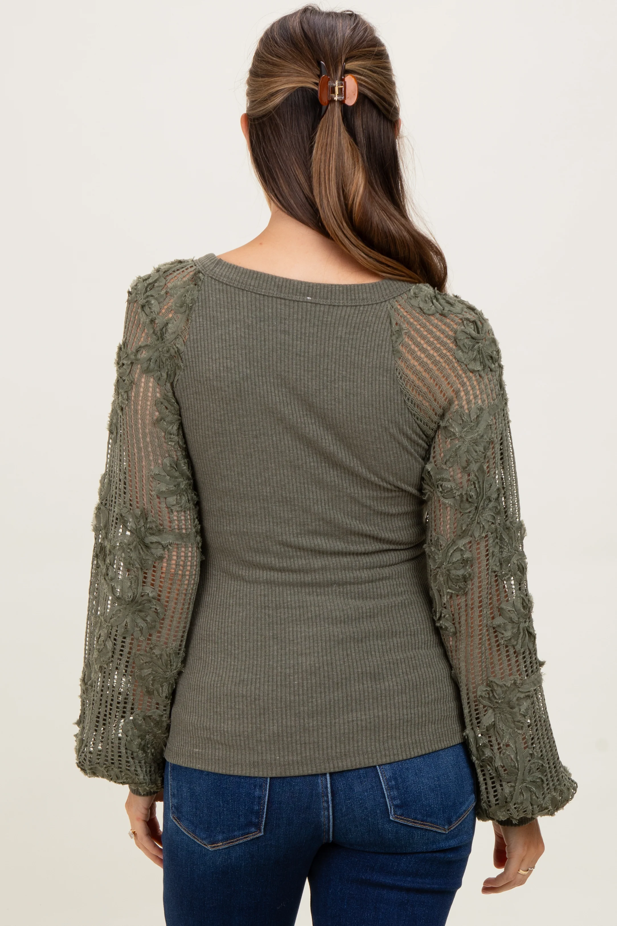 Olive Floral Lace Balloon Sleeve Maternity Top - Image 6
