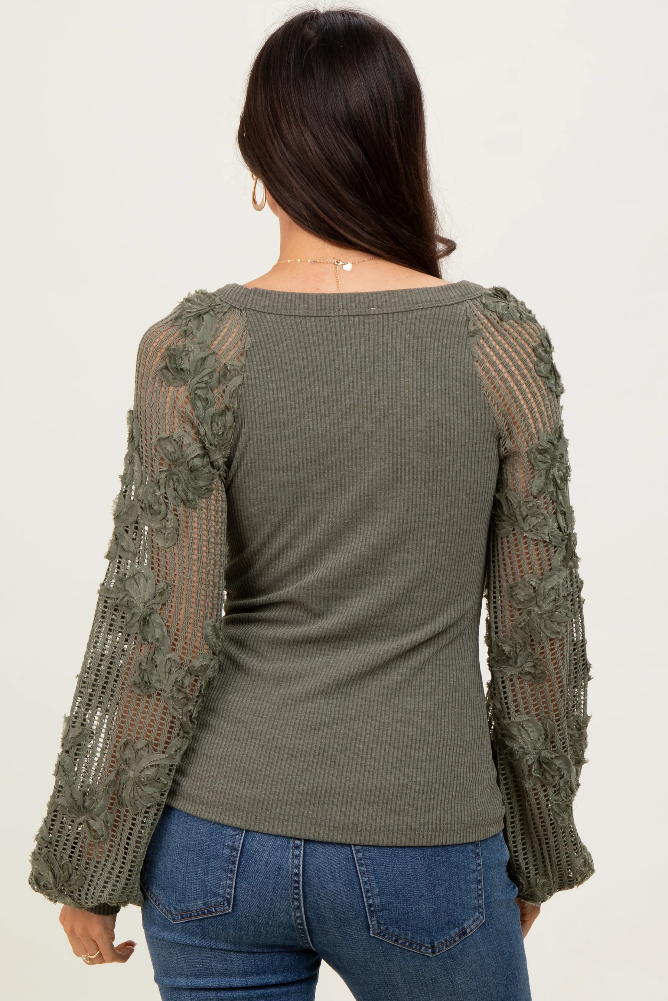 Olive Floral Lace Balloon Sleeve Top - Image 4
