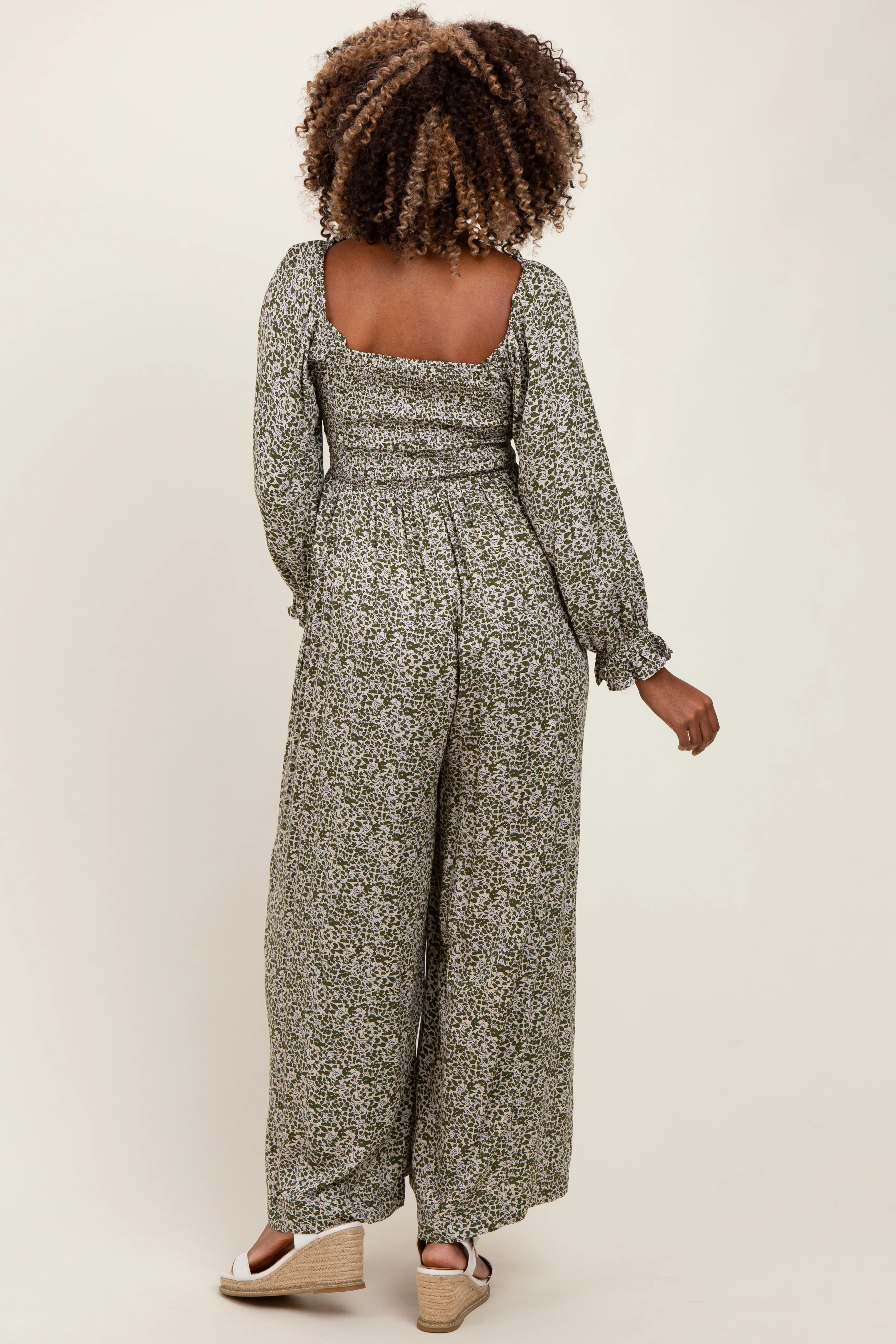 Olive Floral Long Sleeve Wide Leg Maternity Jumpsuit - Image 4