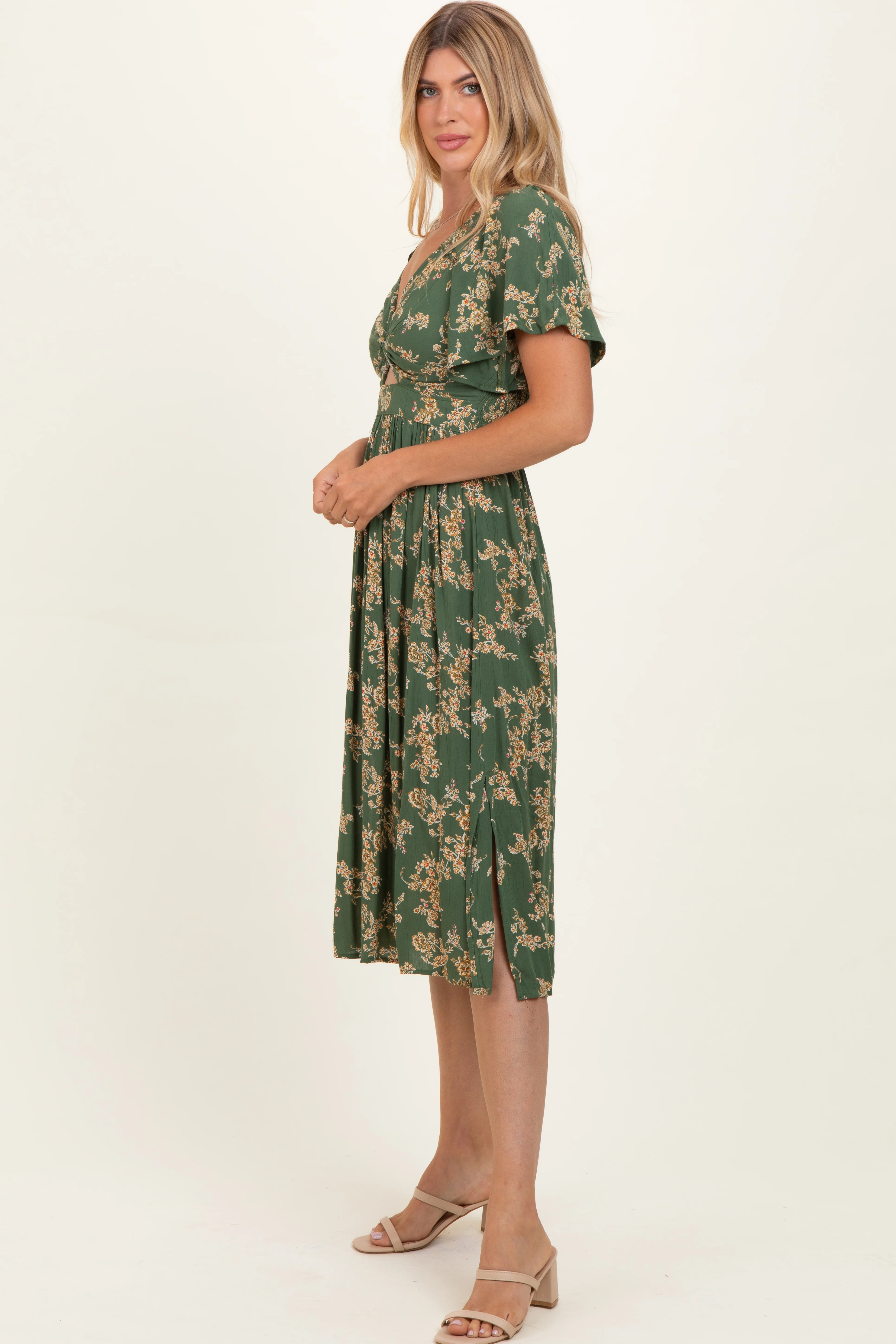 Olive Floral Short Sleeve V-Neck Twist Front Midi Dress - Image 3
