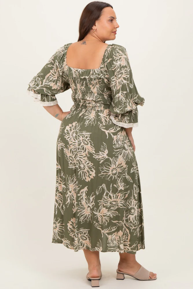 Olive Floral Smocked 3/4 Sleeve Plus Midi Dress - Image 4