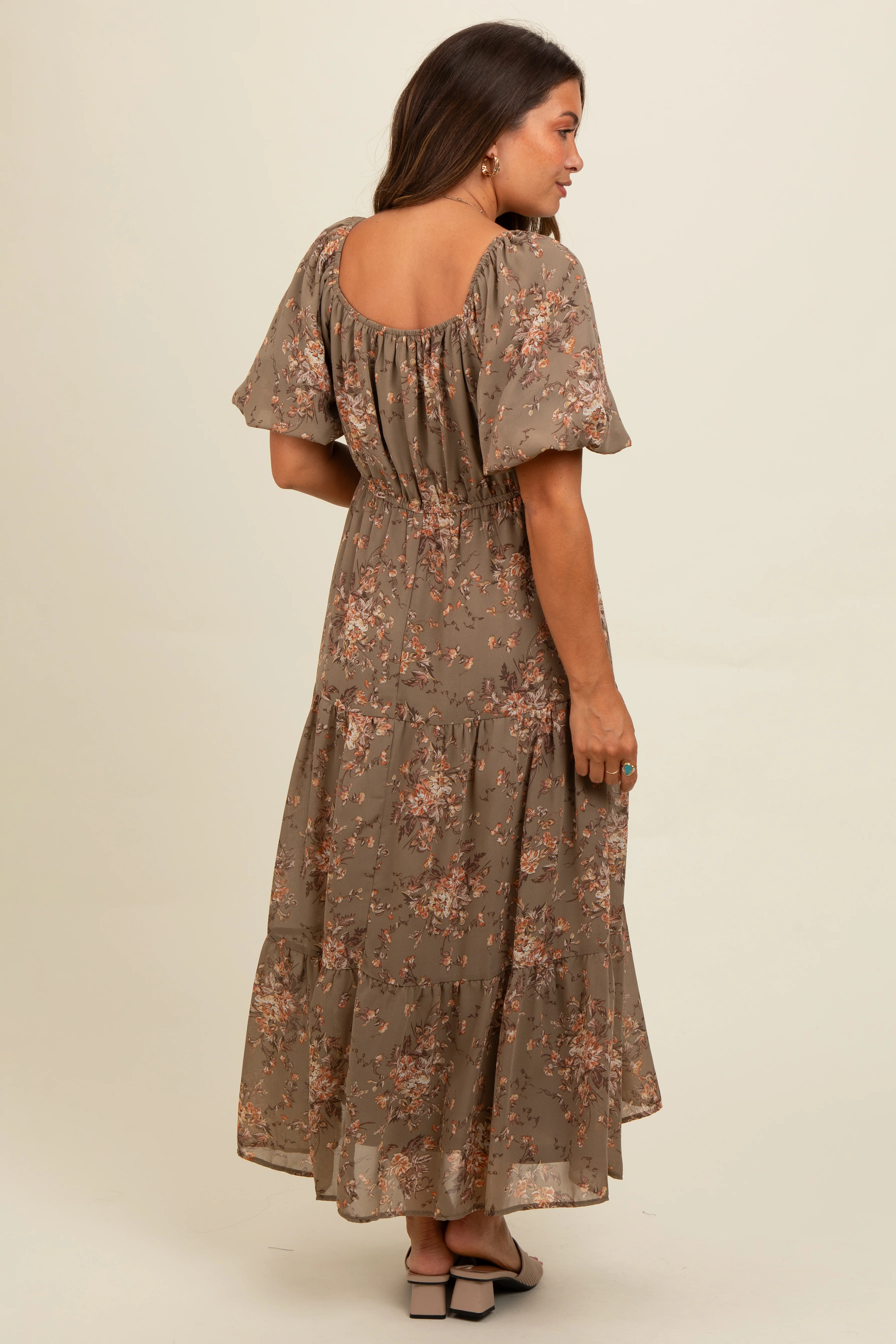 Olive Floral Tiered Puff Sleeve Maternity Maxi Dress - Image 4