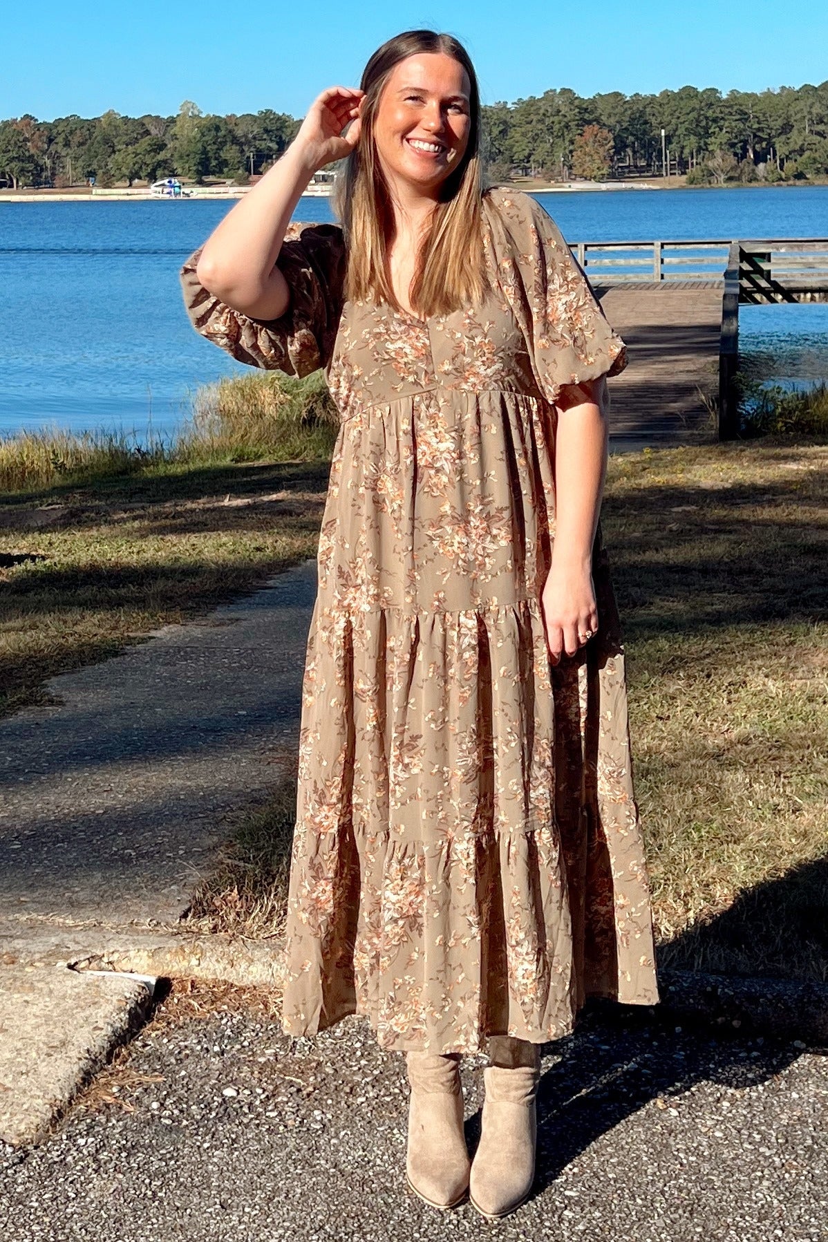 Olive Floral Tiered Puff Sleeve Maxi Dress - Image 5