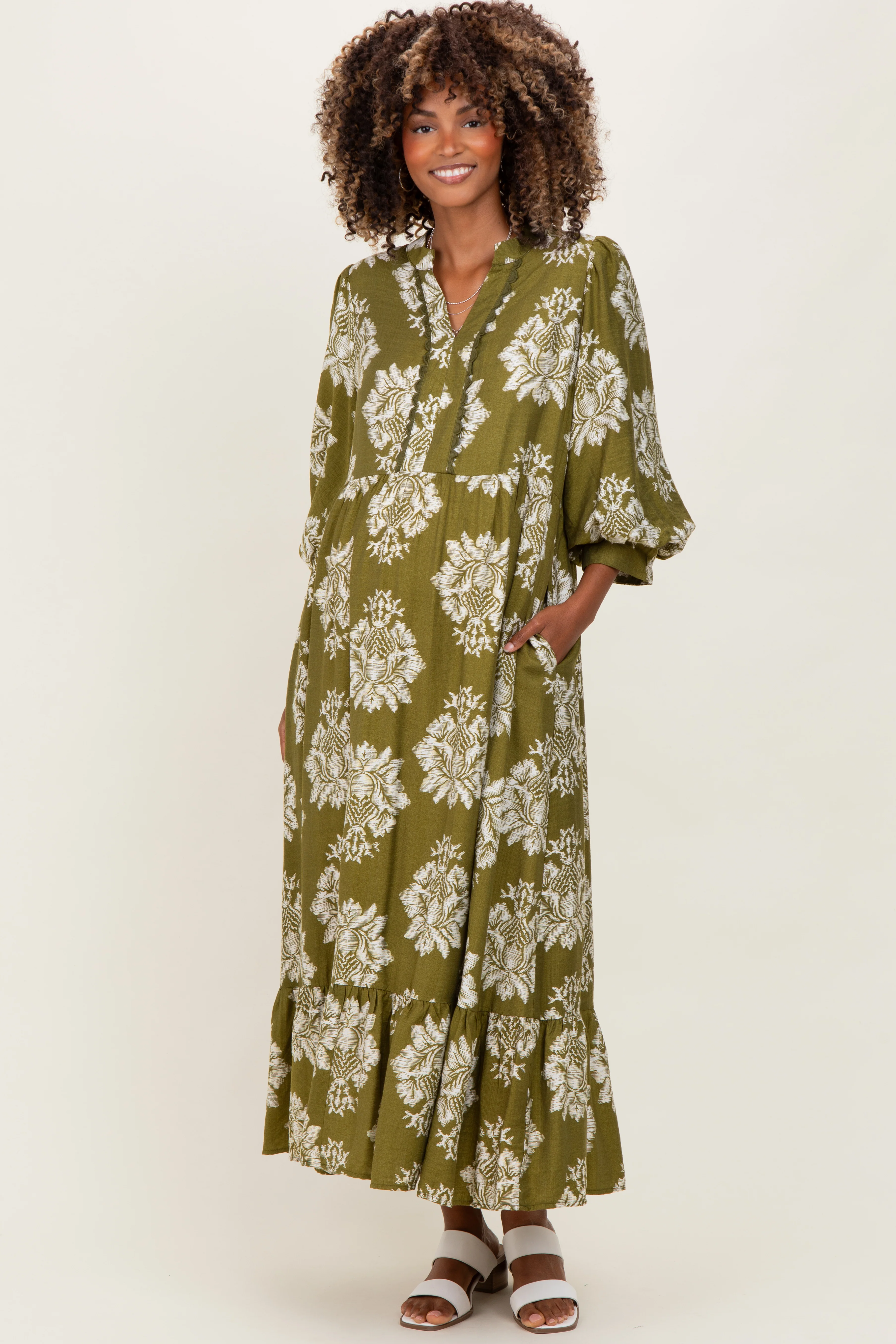 Olive Floral V-Neck 3/4 Sleeve Maternity Midi Dress - Image 2