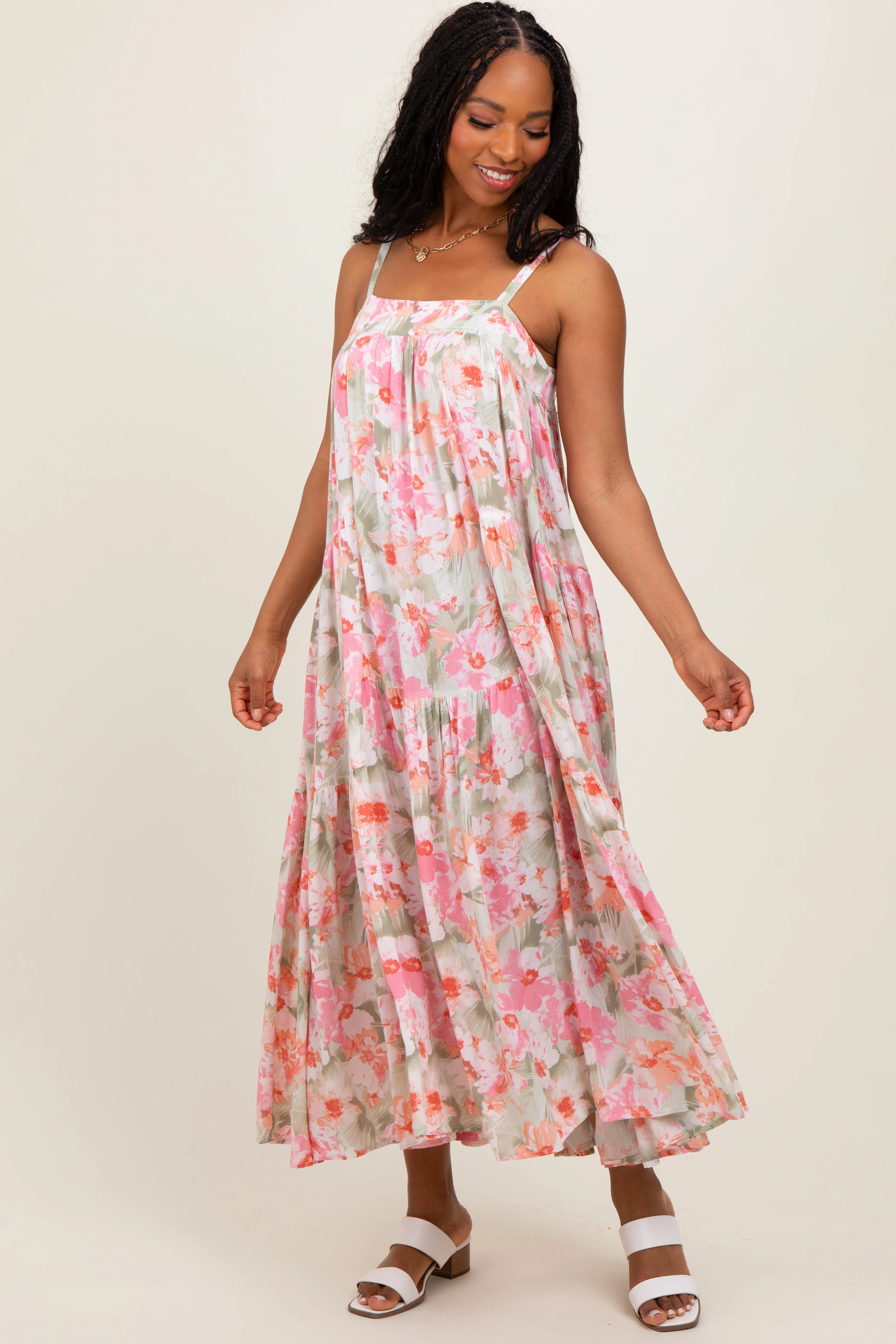 Olive/Fuchsia Tropical Floral Tiered Maxi Dress - Image 2