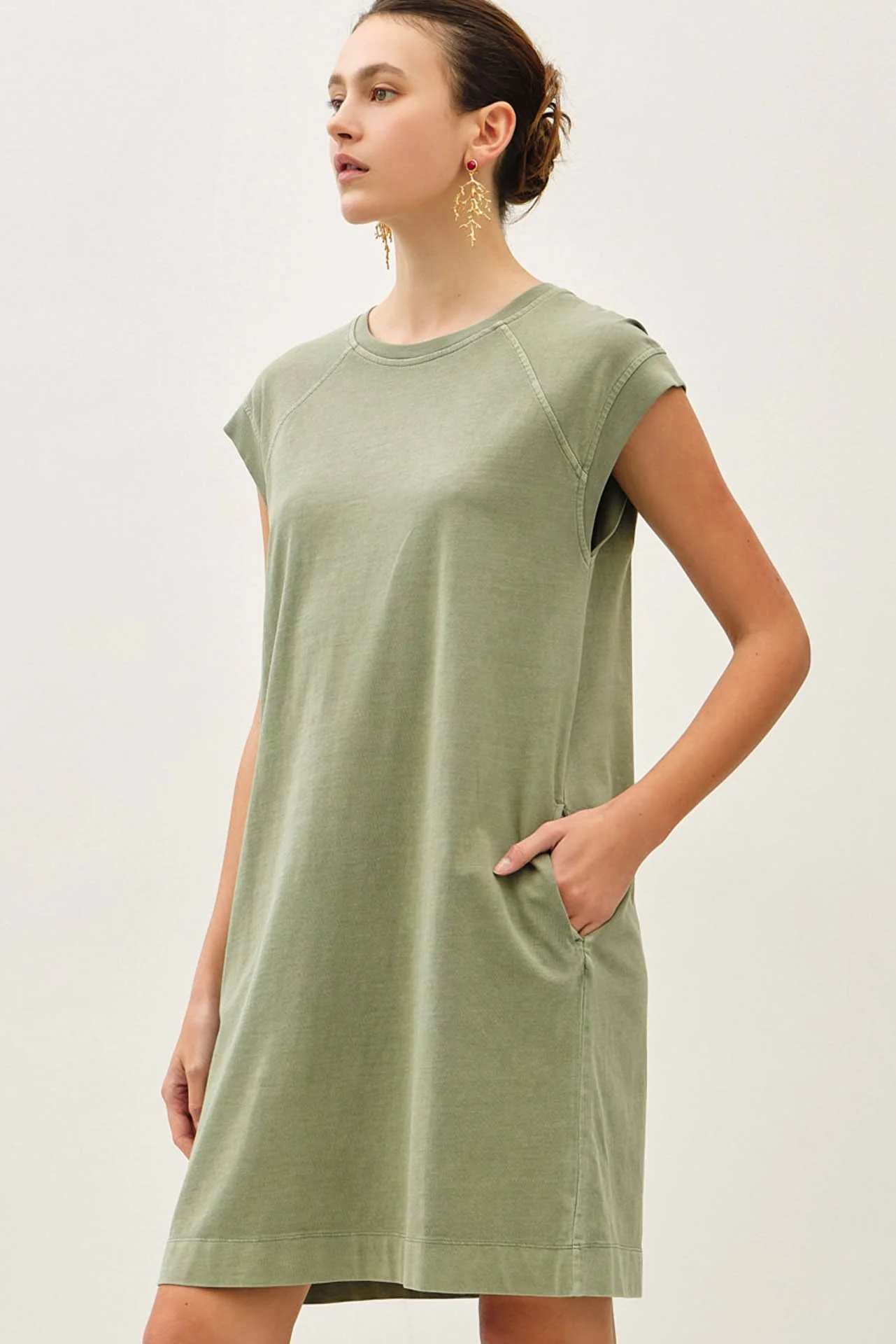 Olive Garment Washed Casual Capped Sleeve Dress - Image 4