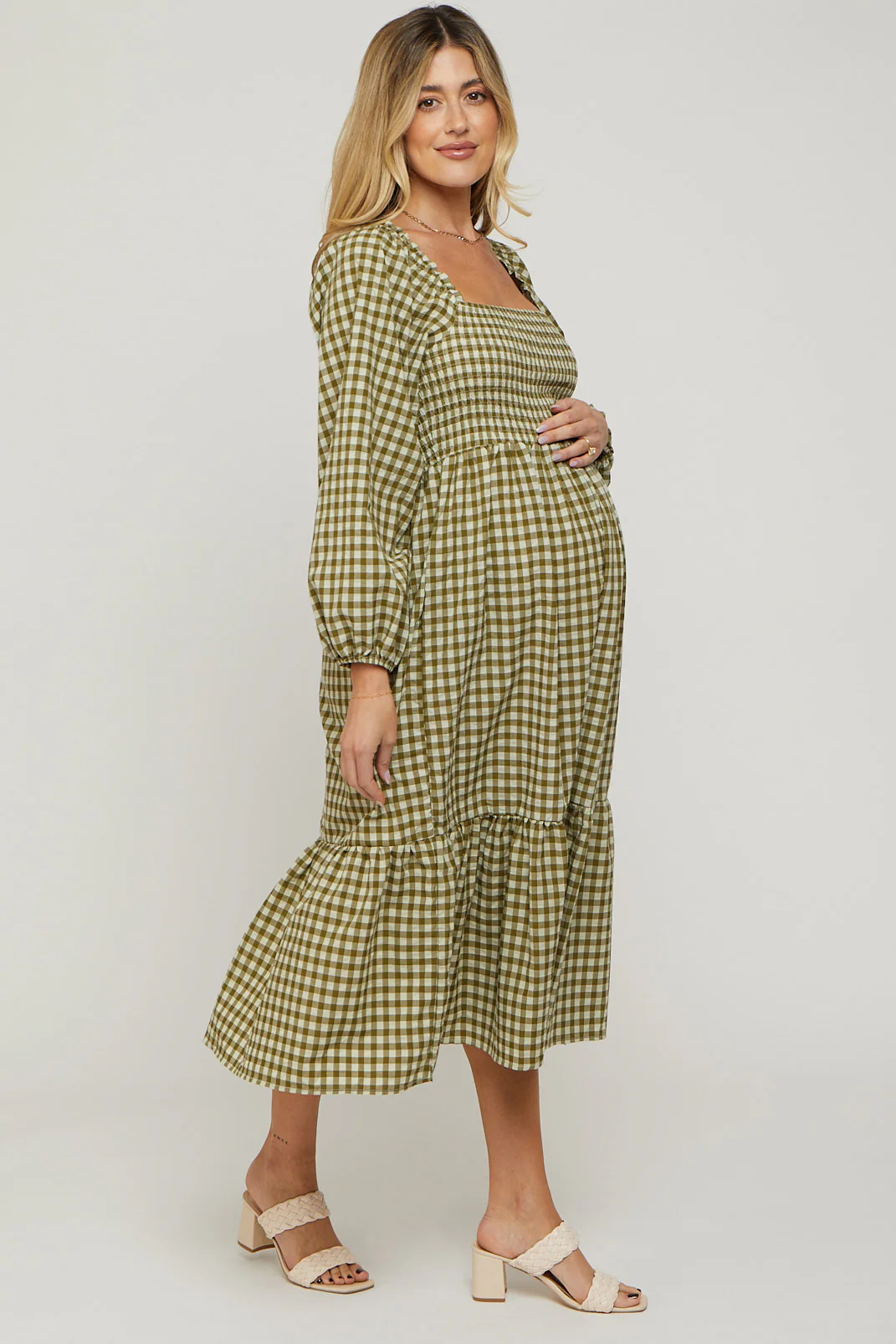 Olive Gingham Long Sleeve Maternity Midi Dress - Image 2