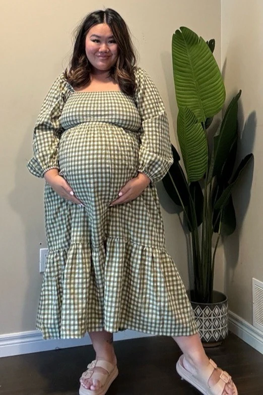 Olive Gingham Long Sleeve Maternity Midi Dress - Image 6