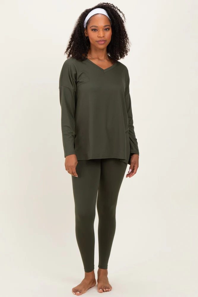 Olive Green Brushed Knit Maternity Oversized Top and Legging Set - Image 5