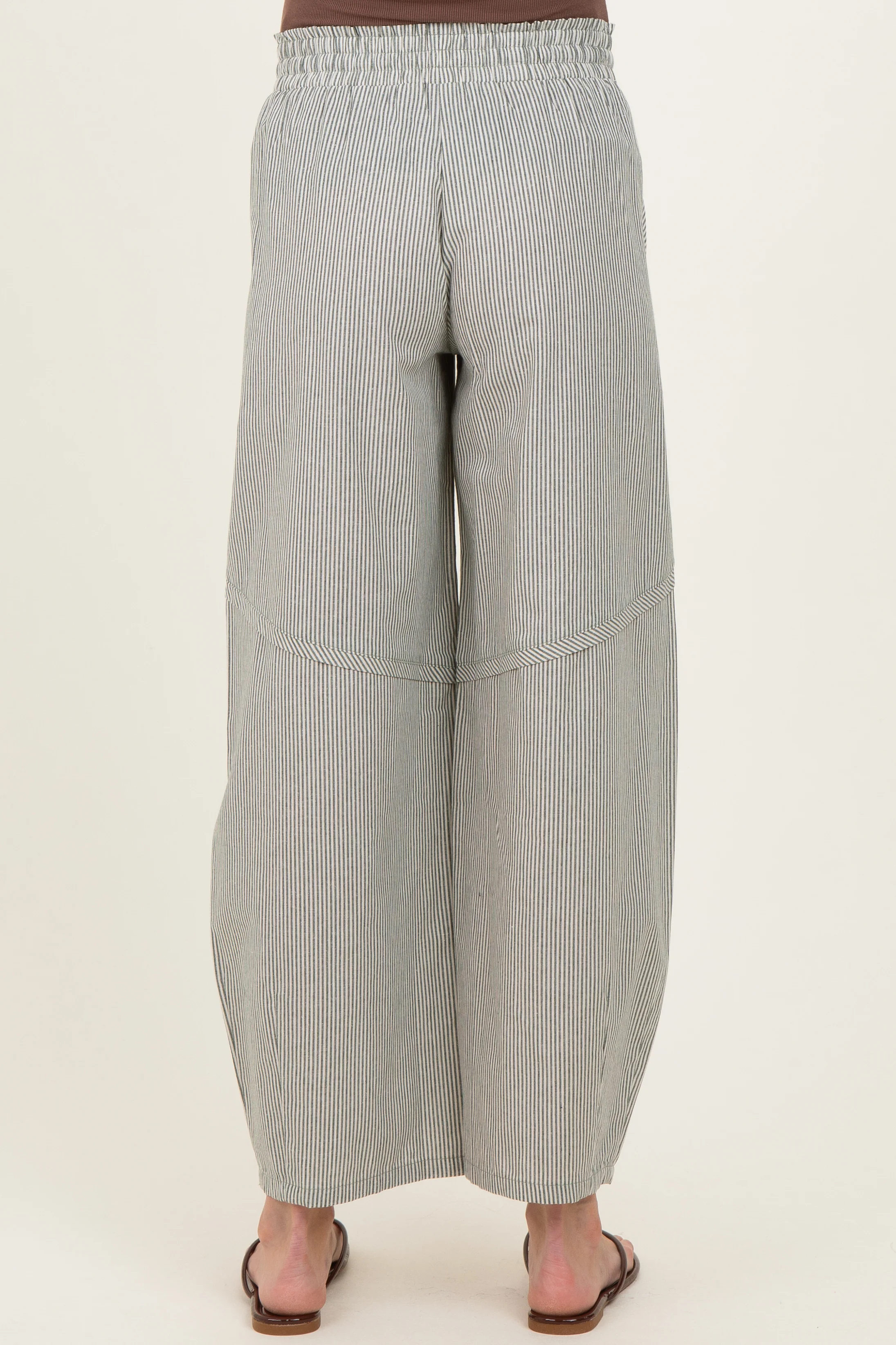 Olive Green Striped Cotton Barrel Leg Maternity Pants - Image 4
