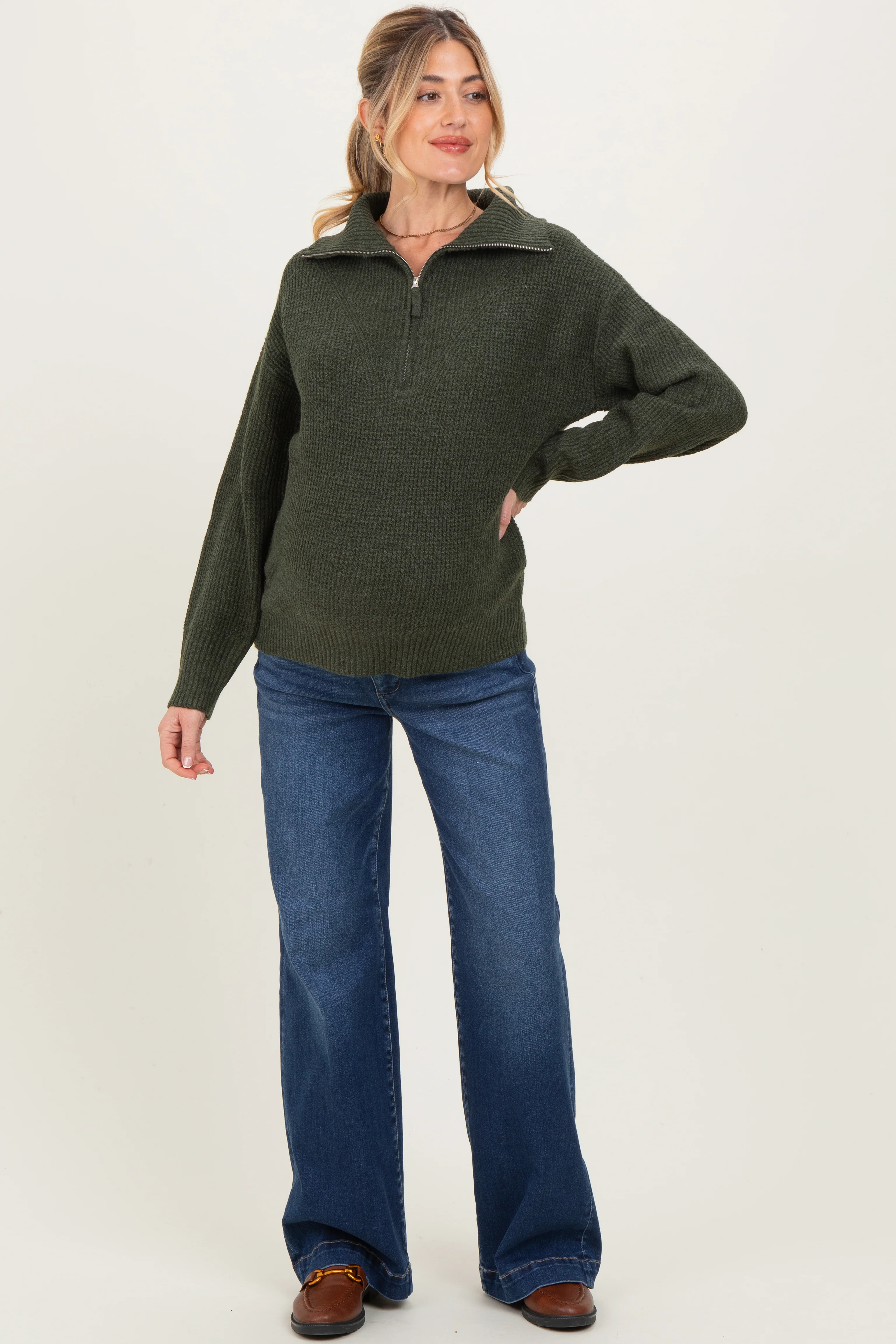 Olive Half Zip Maternity Pullover Sweater - Image 2