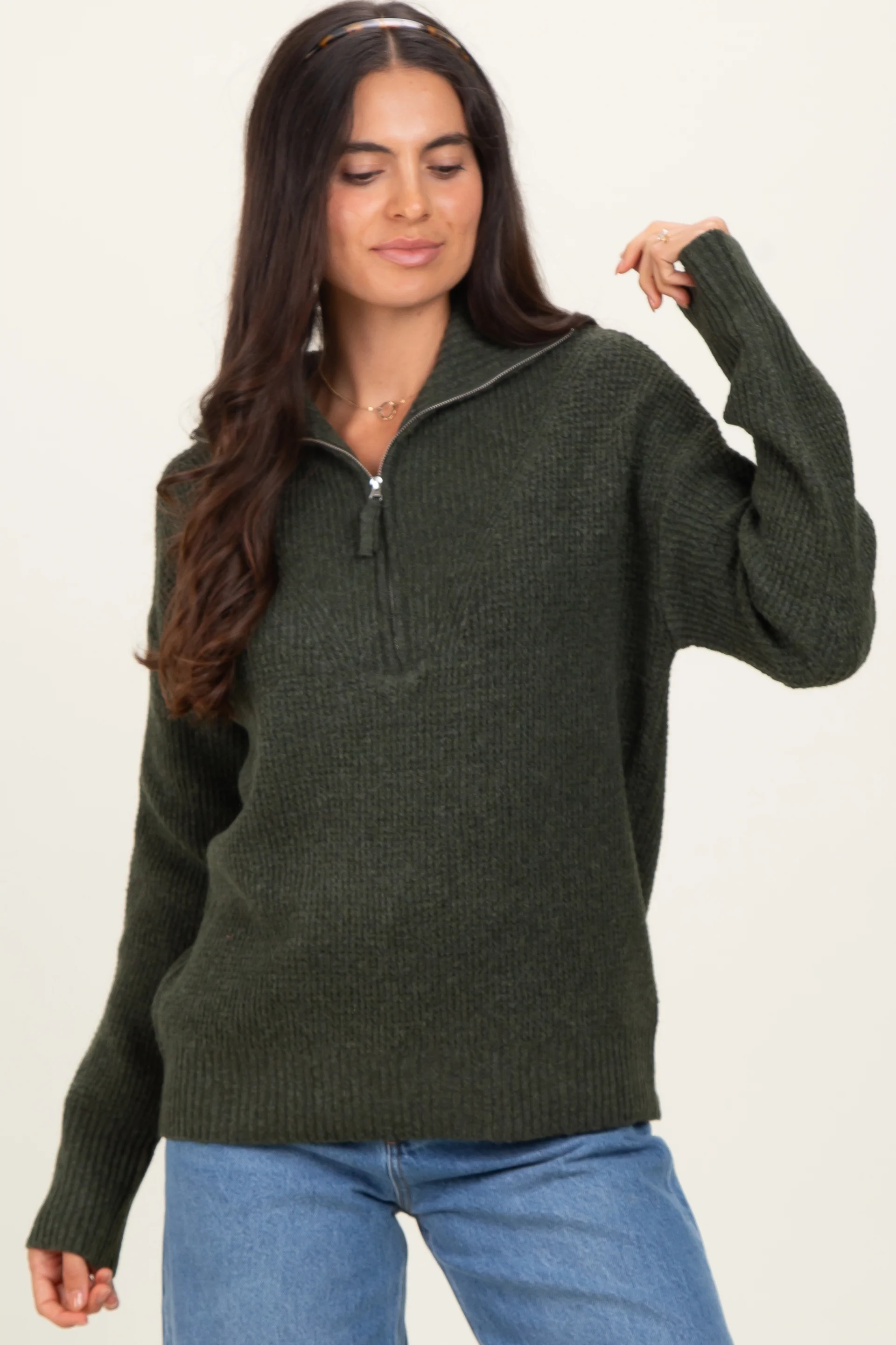 Olive Half Zip Maternity Pullover Sweater - Image 5