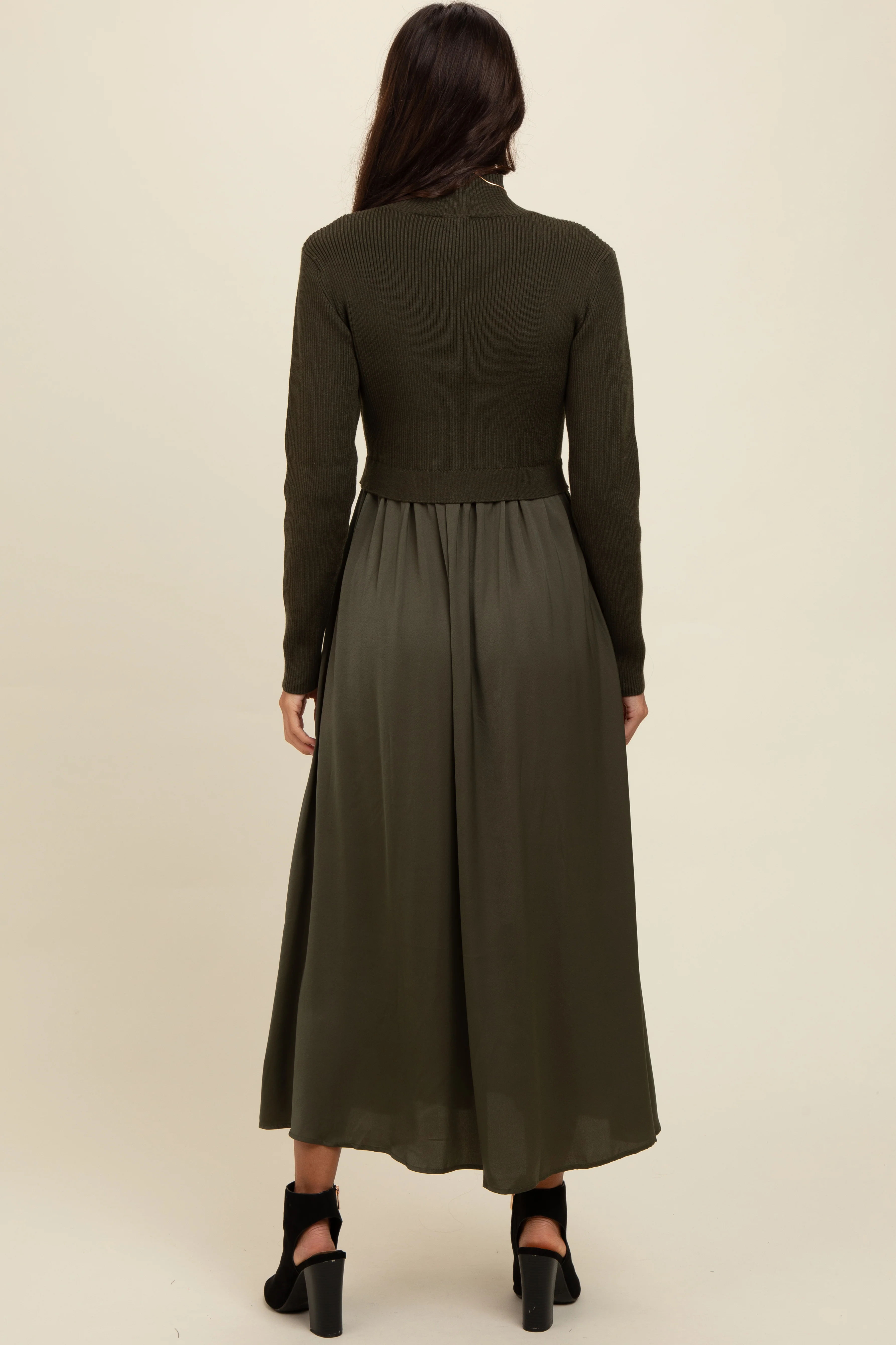 Olive Knit Contrast Top Satin Midi Dress - Image 3
