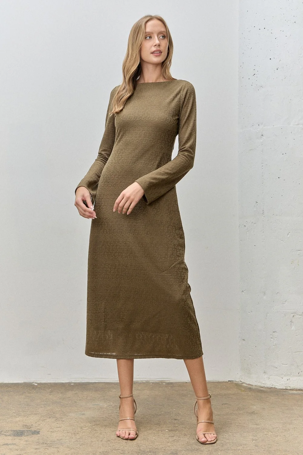 Olive Lace Jacquard Long Sleeve Maternity Midi Dress - Image 5