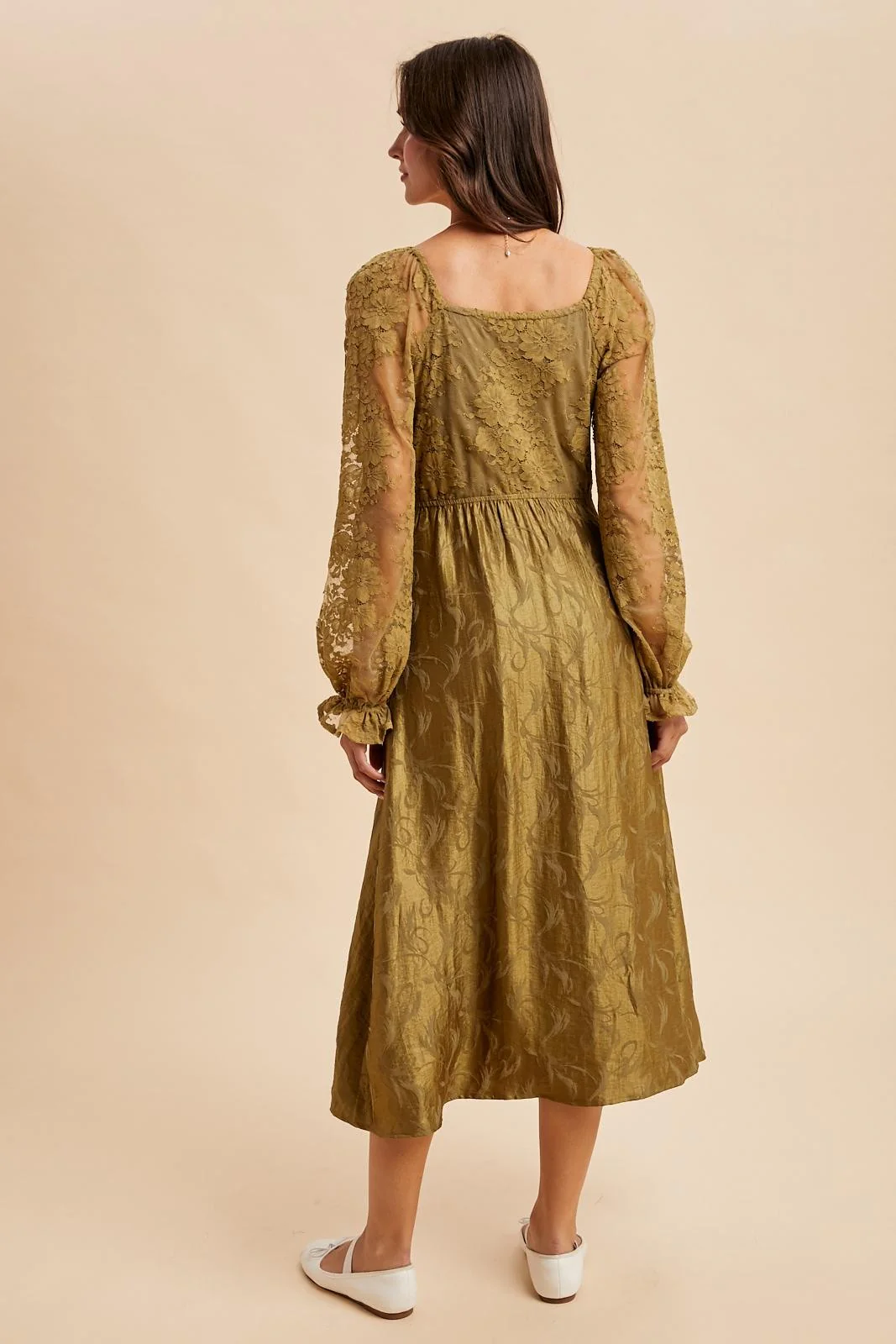 Olive Lace Jacquard Long Sleeve Midi Dress - Image 4