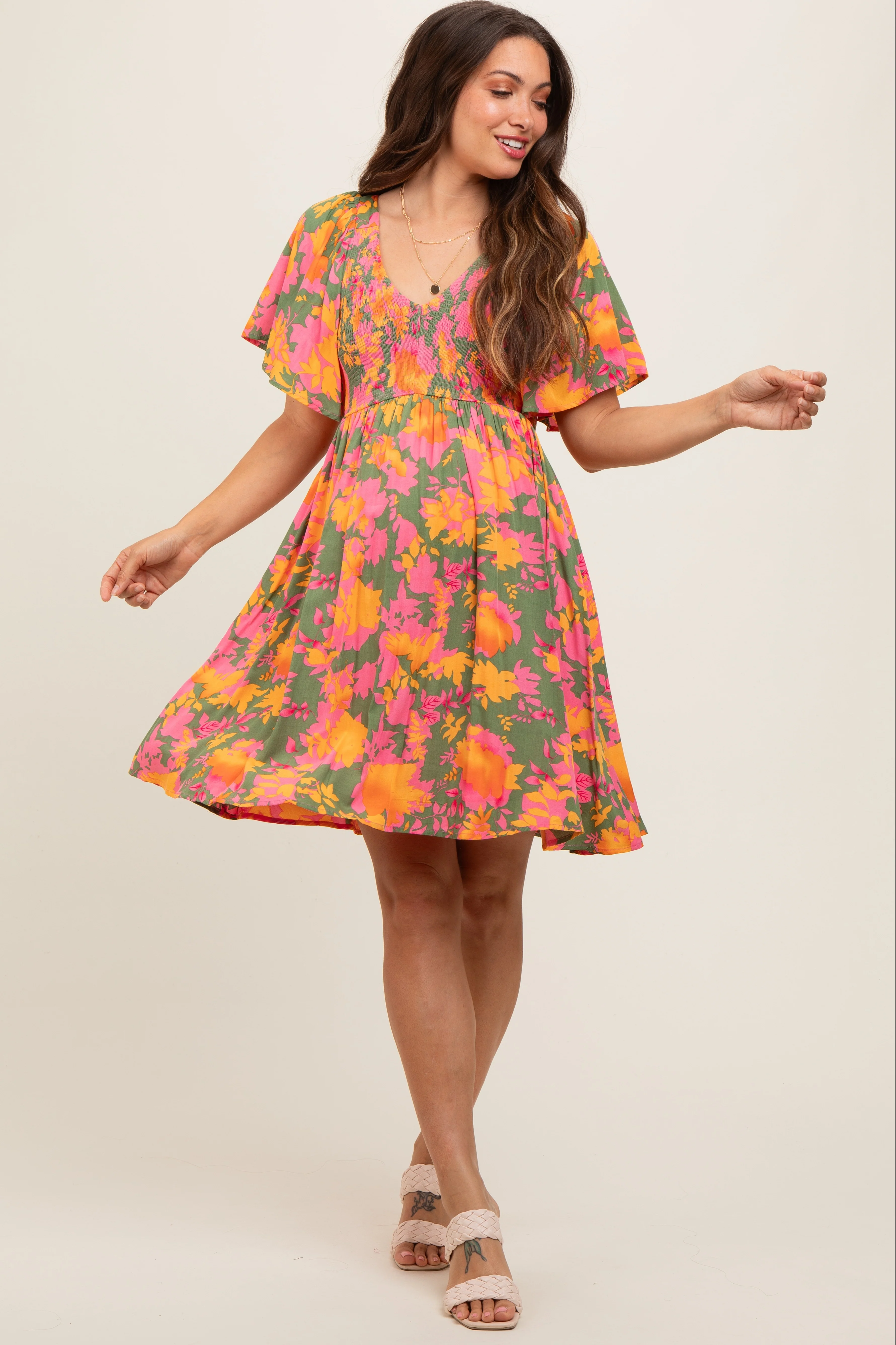 Olive Leaf Print Smocked V-Neck Maternity Dress - Image 3