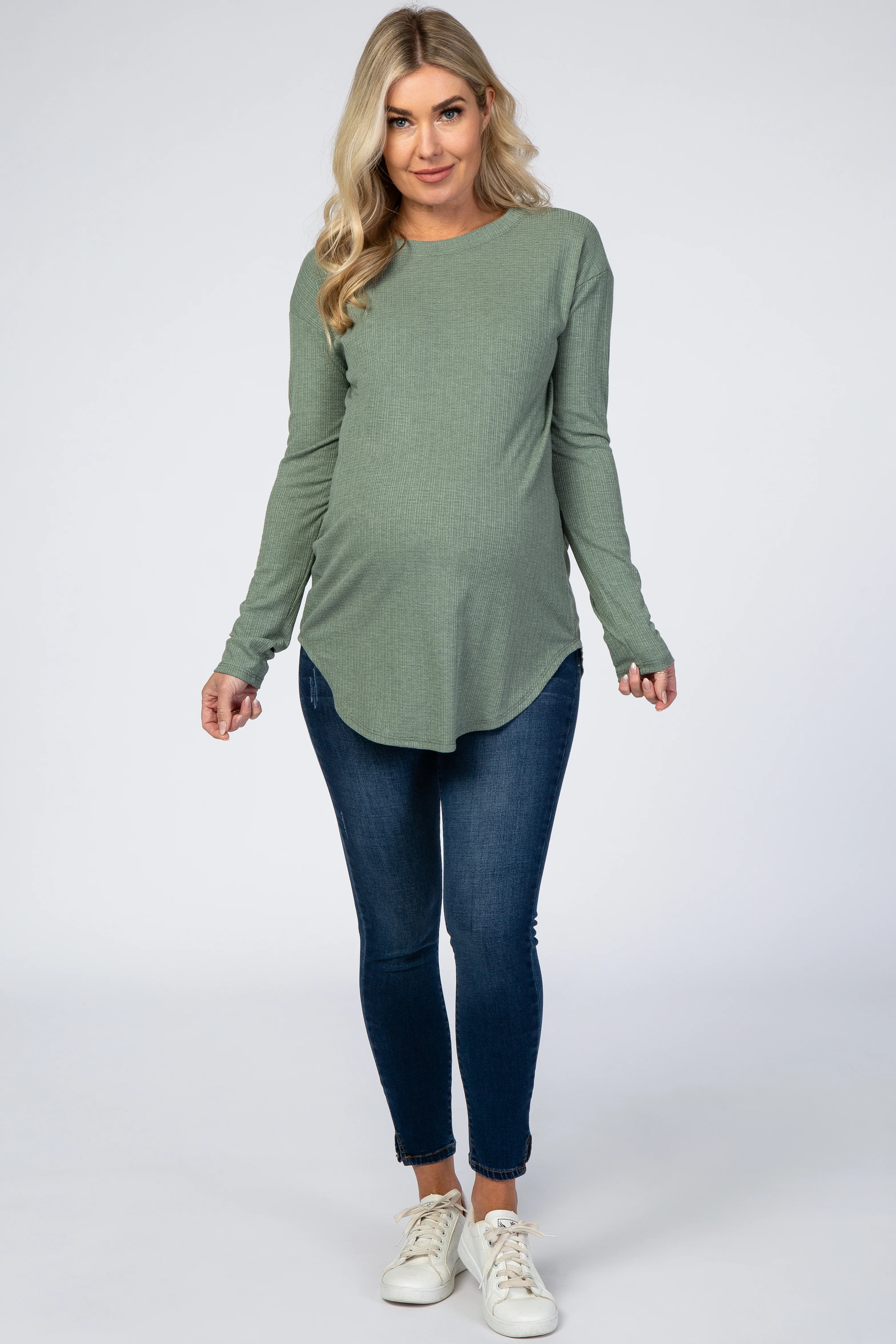 Olive Long Sleeve Ribbed Maternity Top - Image 4