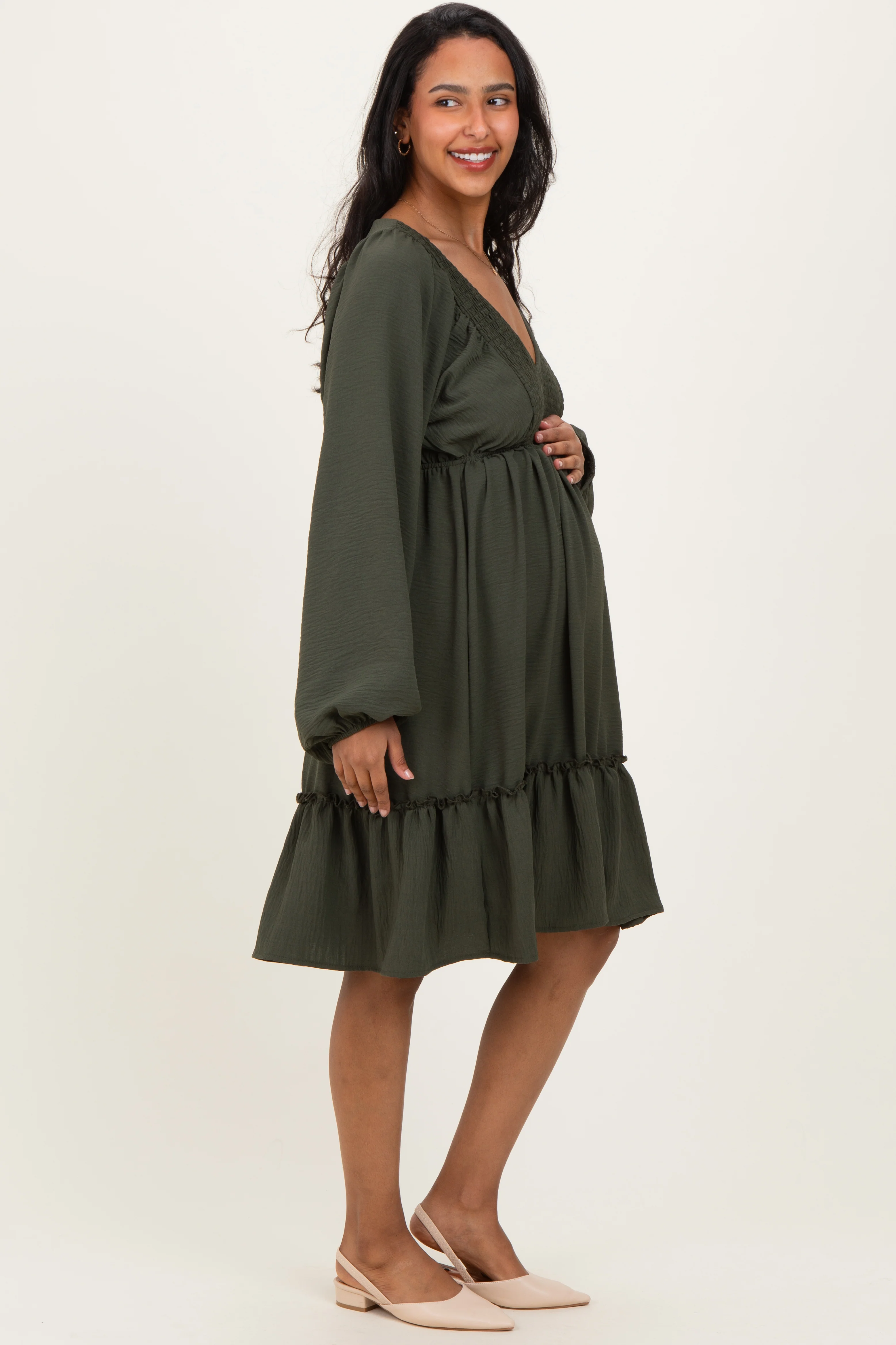 Olive Long Sleeve V-Neck Tiered Maternity Midi Dress - Image 3