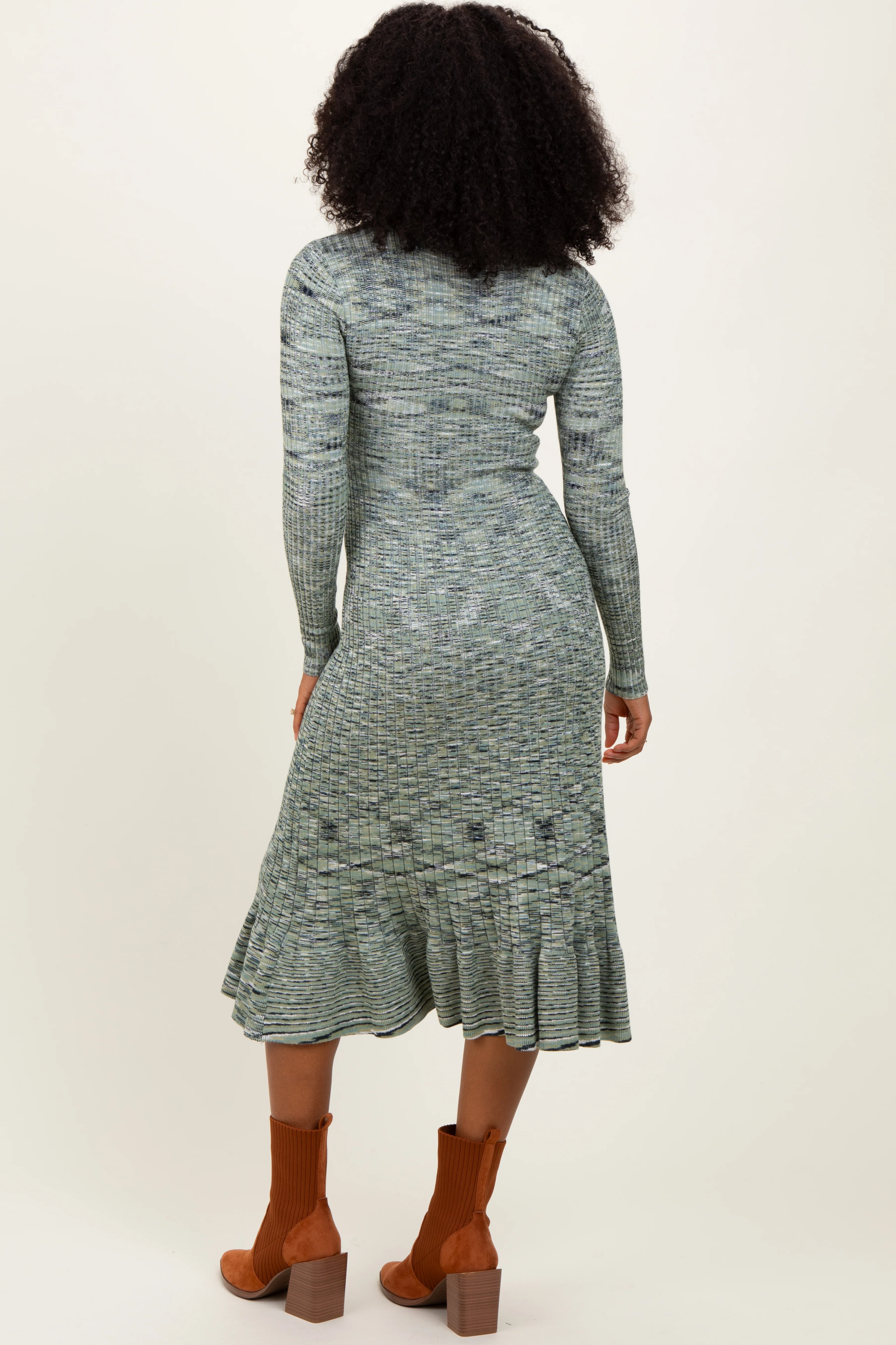 Olive Marled Ribbed Ruffle Hem Midi Dress - Image 4