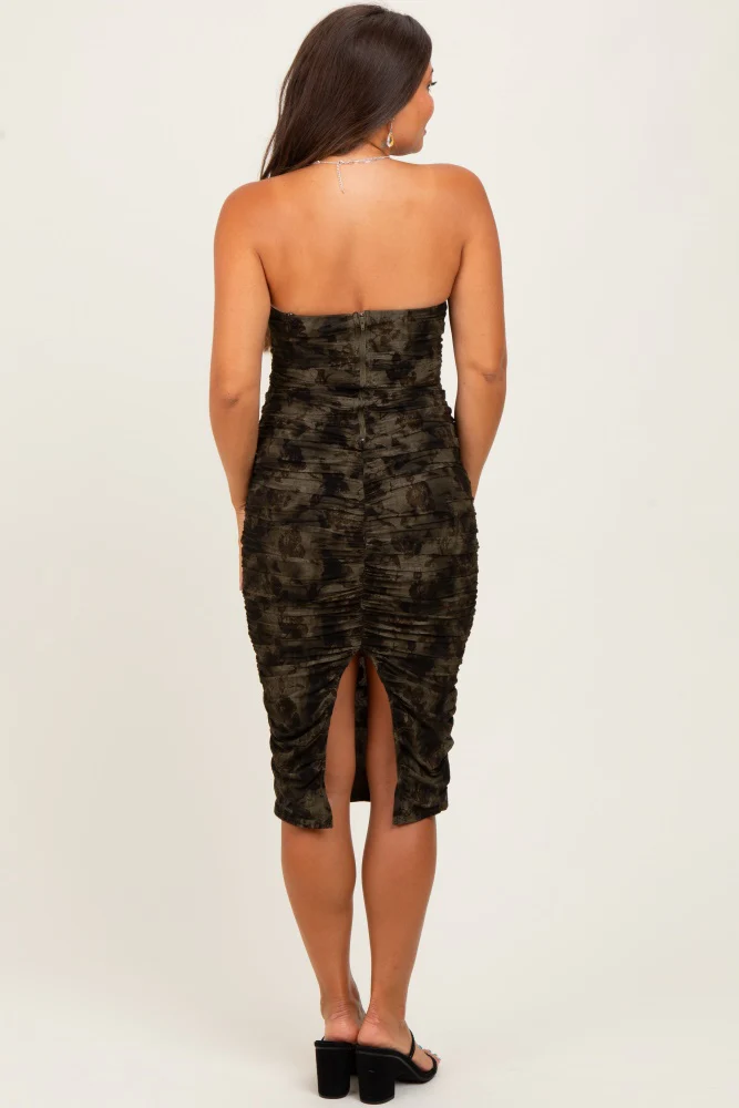 Olive Mesh Velvet Strapless Ruched Maternity Midi Dress - Image 5