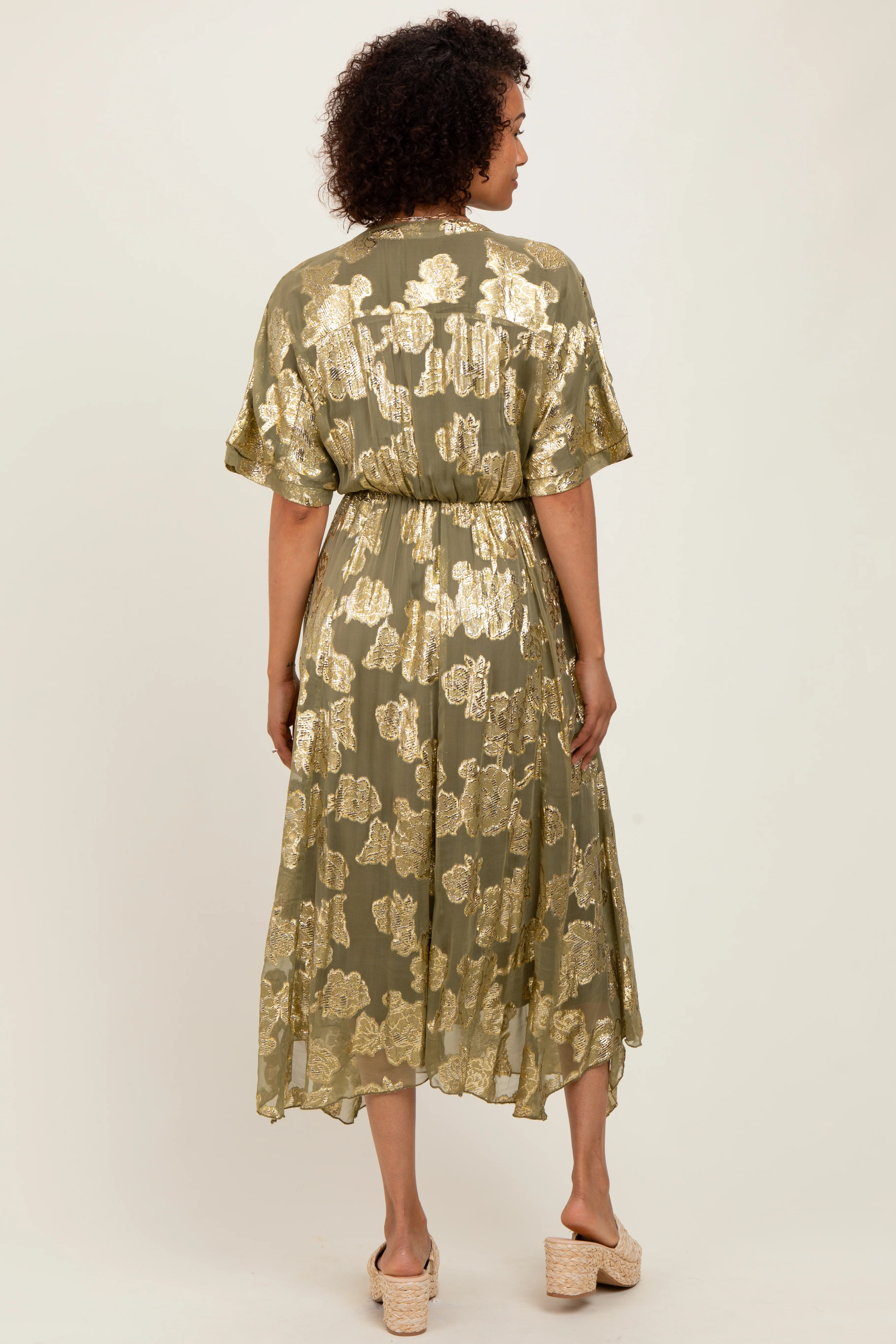 Olive Metallic Floral Jacquard Overlay Maxi Dress - Image 3