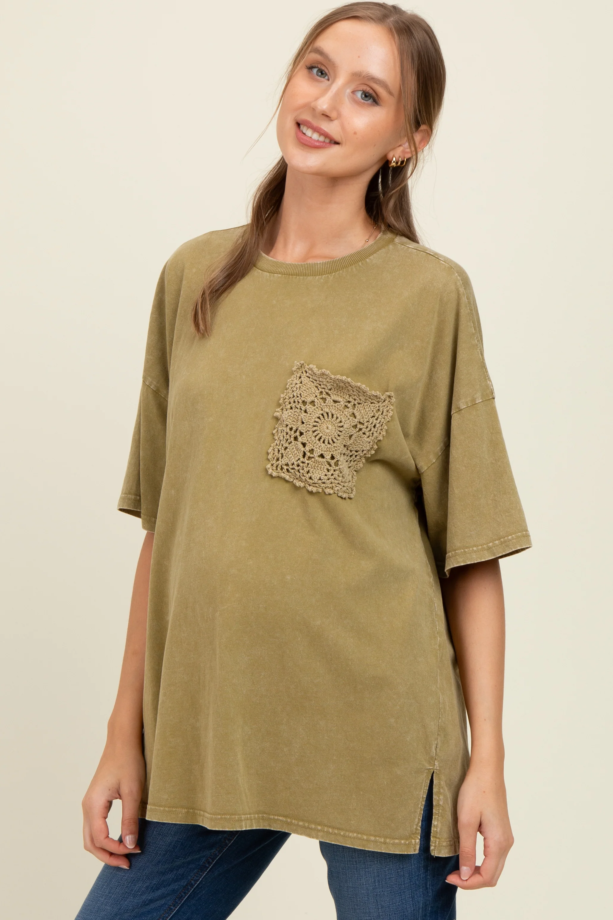 Olive Mineral Wash Crochet Pocket Maternity Top - Image 3