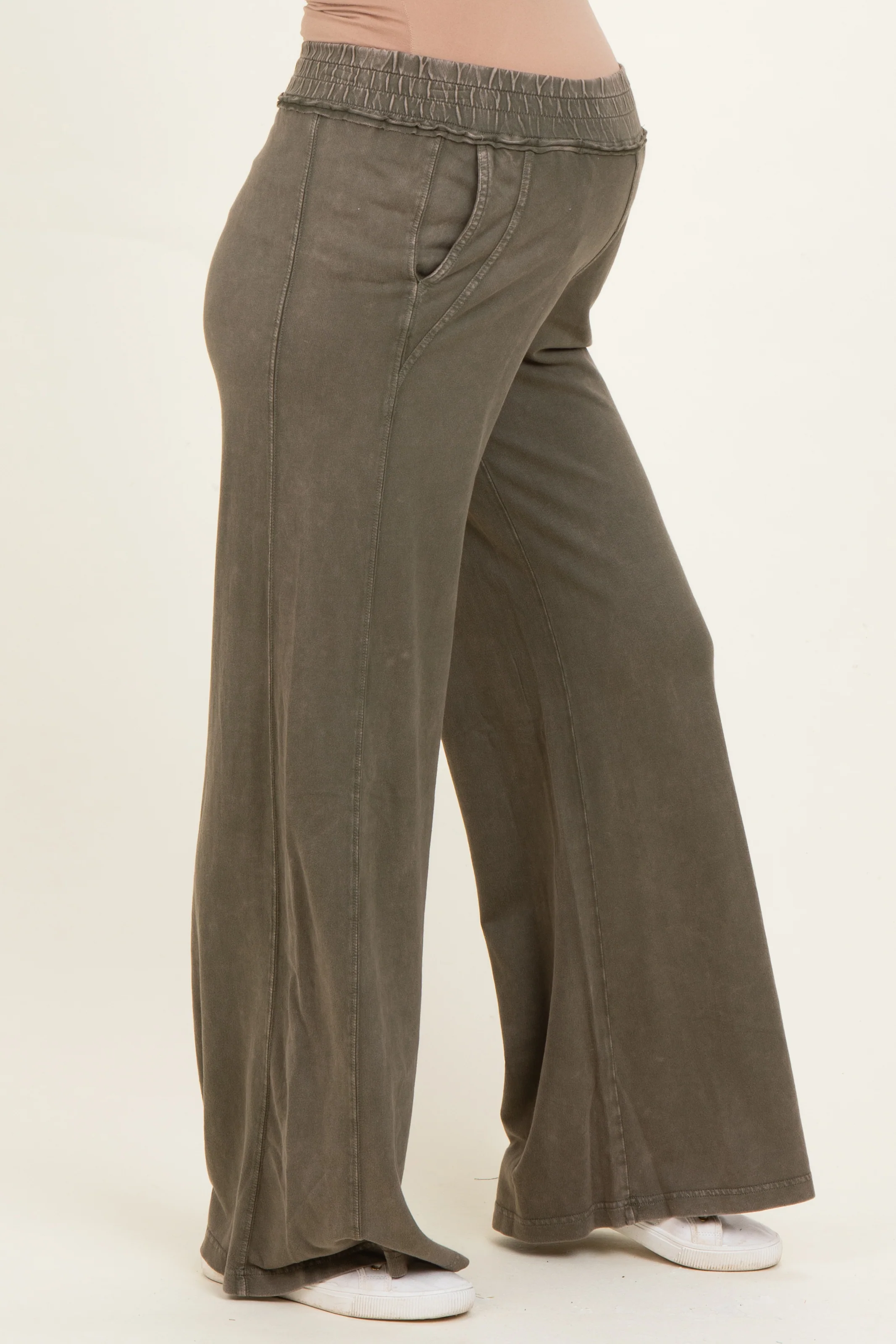 Olive Mineral Wash Wide Leg Maternity Pants - Image 3