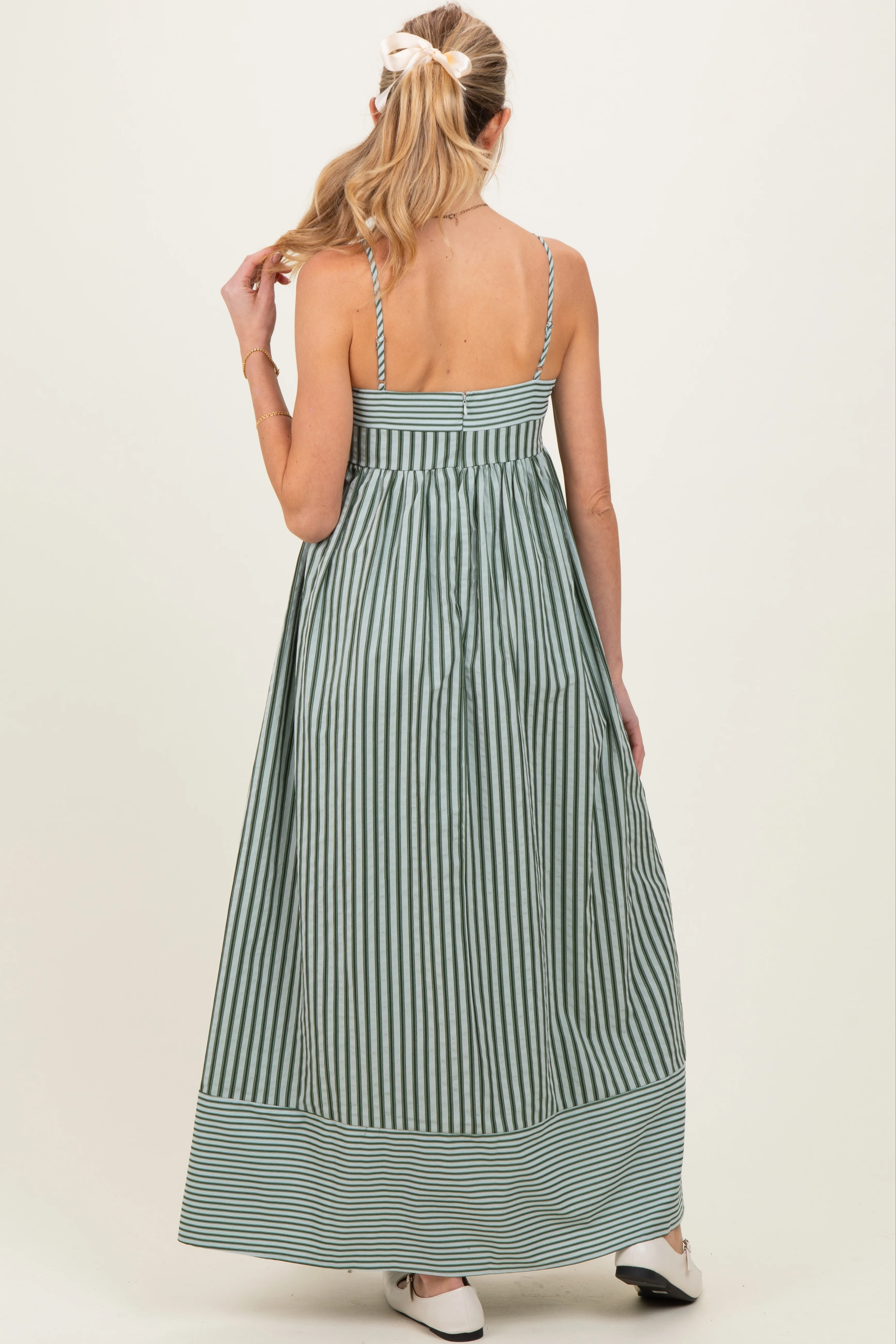 Olive Mixed Stripe Sleeveless Maternity Maxi Dress - Image 3